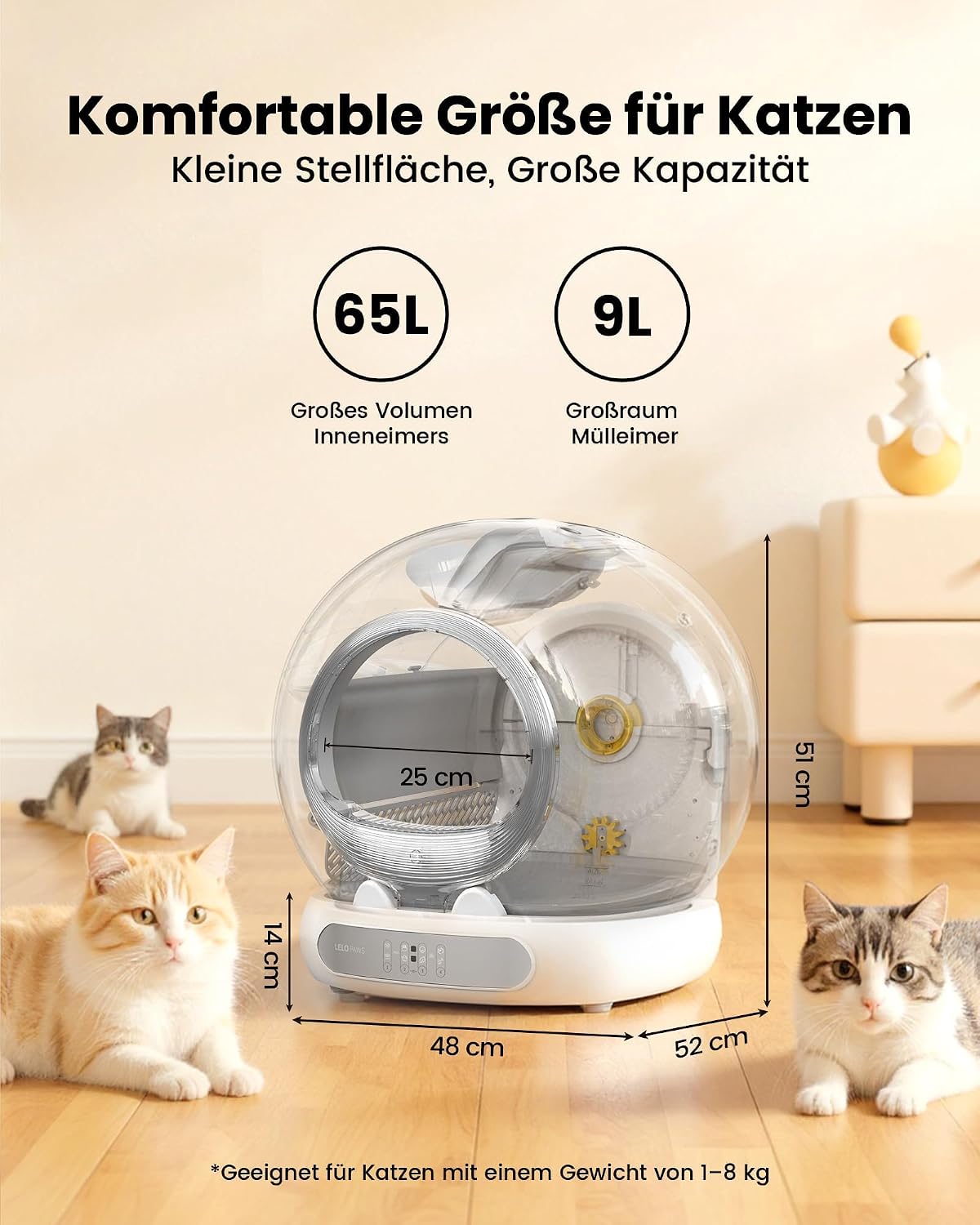 Detalle 2 de LELO PAWS Selbstreinigende Katzentoilette mit Türvorhang – 65L/9L, App-Steuerung, Geruchskontrolle, XXL für Mehrkatzen