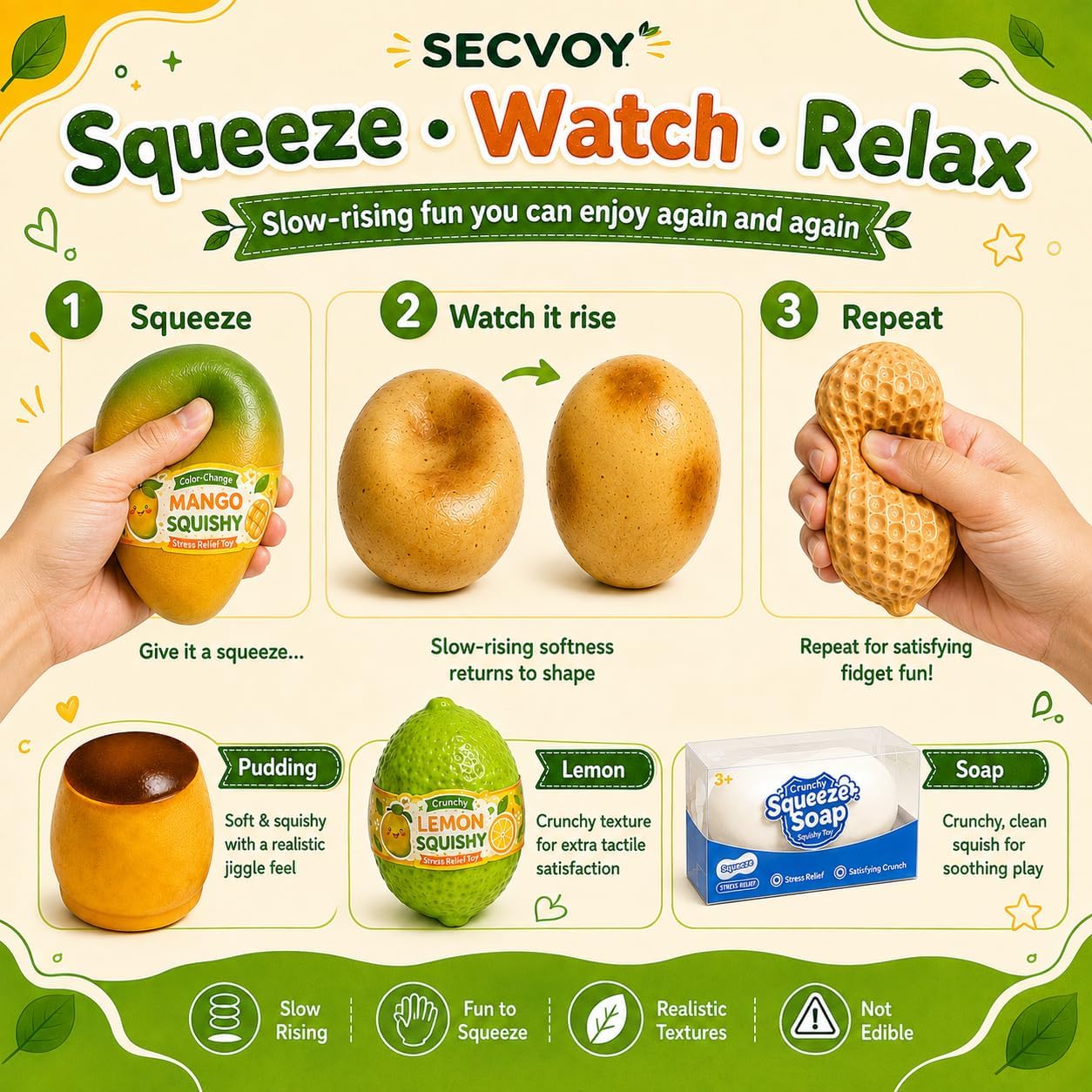 Detalle 1 de SECVOY Crunchy Squishy Set, 6 Slow-Rising Food-Shaped Fidgets