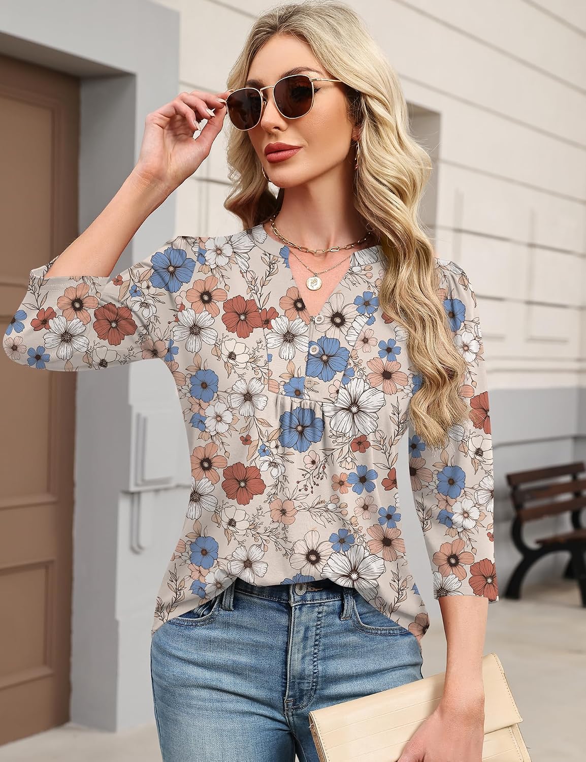 Detalle de IECCP 3/4 Sleeve Henley V-Neck Pleated Top (Womens) — Loose Fit Dressy Casual Blouse