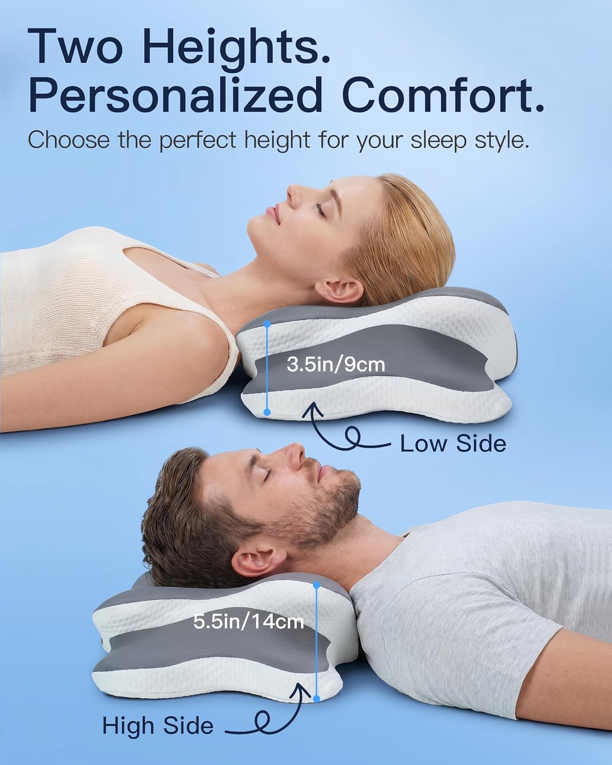 Thumbnail 4 de CloudNook Ergonomic Cervical Pillow, Gray, Dual-Height Memory Foam, 60 × 35 × 14 cm