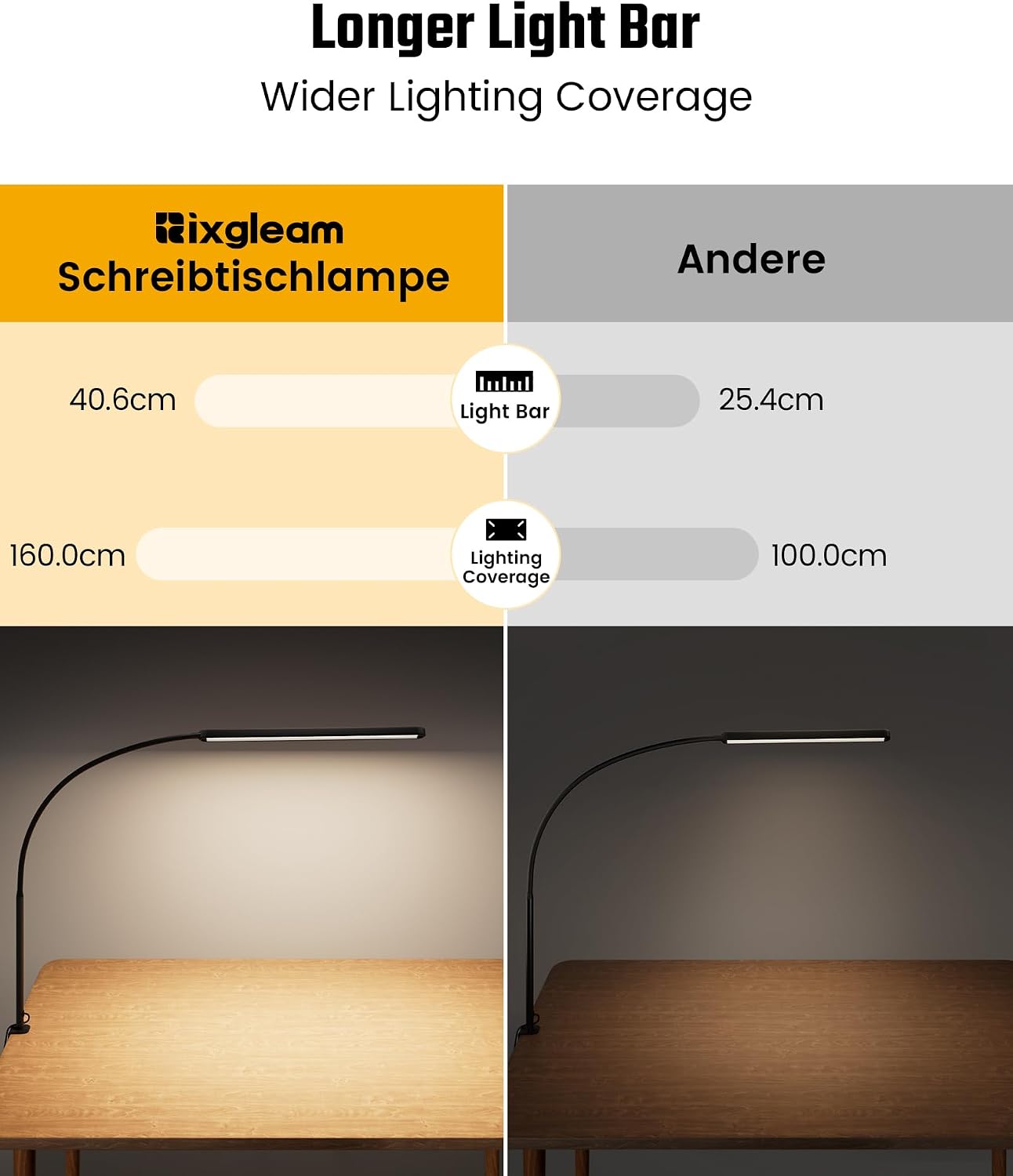 Detalle de RIXGLEAM LED-Schreibtischlampe dimmbar, klemmbar mit 45°-Streuwinkel und Schwanenhals für Homeoffice