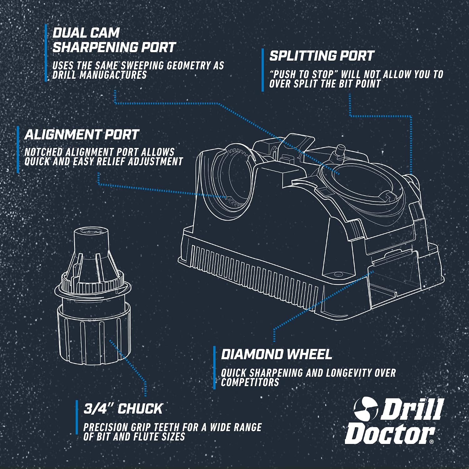 Detalle de Drill Doctor 750X Drill Bit Sharpener, 3/32–3/4-Inch Capacity, Adjustable Angles
