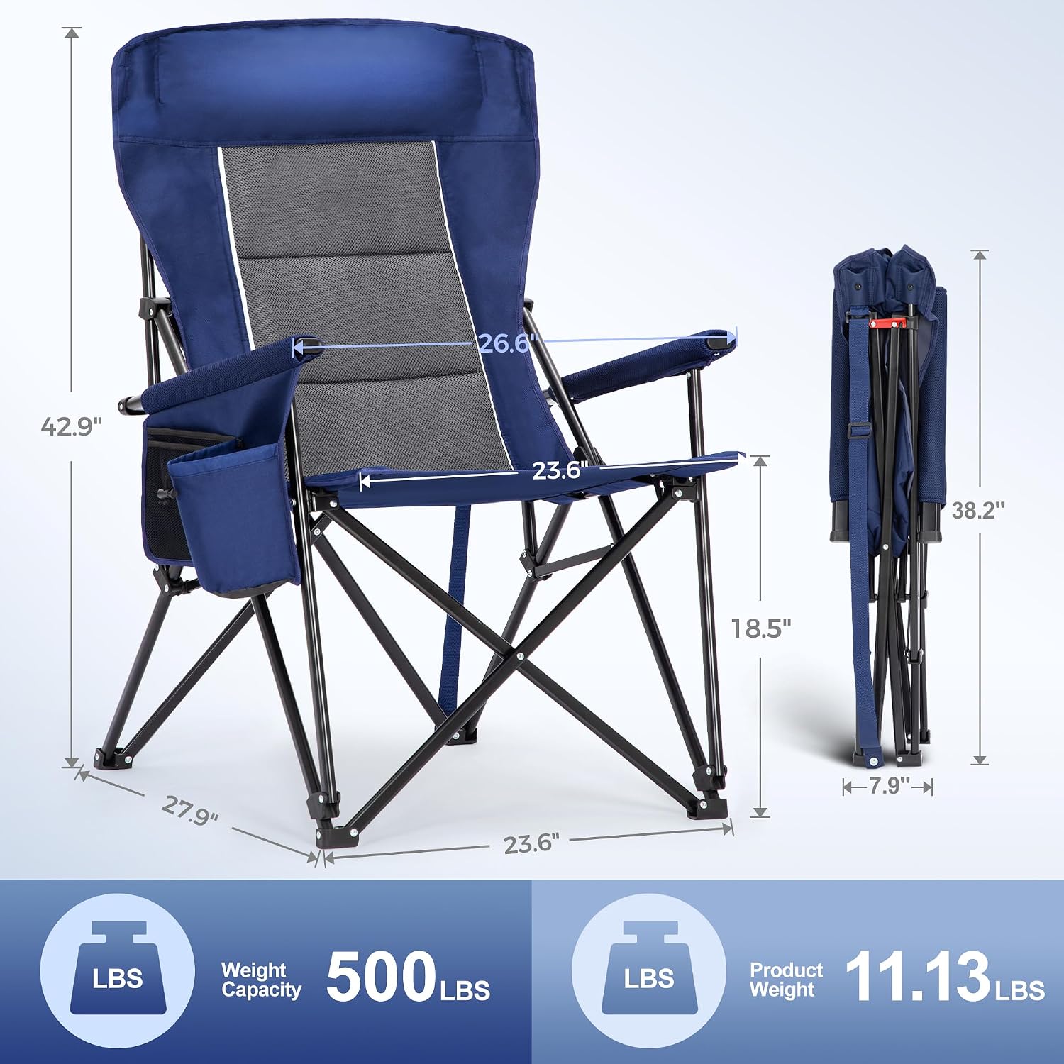Detalle de LET'S CAMP Oversized Camping Chairs (2-Pack) 29.52" High Back, Heavy-Duty 500LBS Support with Cup Holder