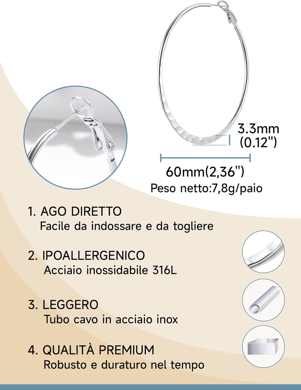 Thumbnail 2 de PROSTEEL Orecchini a Cerchio in Acciaio Inossidabile 30/40/60/80 mm – Argento/Nero/Oro Placcato