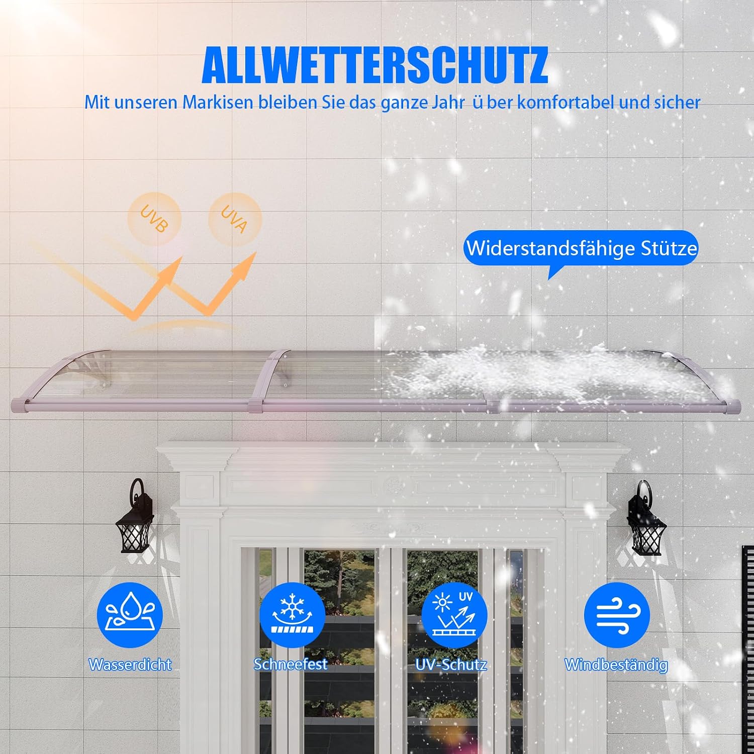 Detalle de Vordach für Haustür 120x80 cm – Polycarbonat-Pultvordach mit Abfluss, UV-Schutz und Wetterschutz