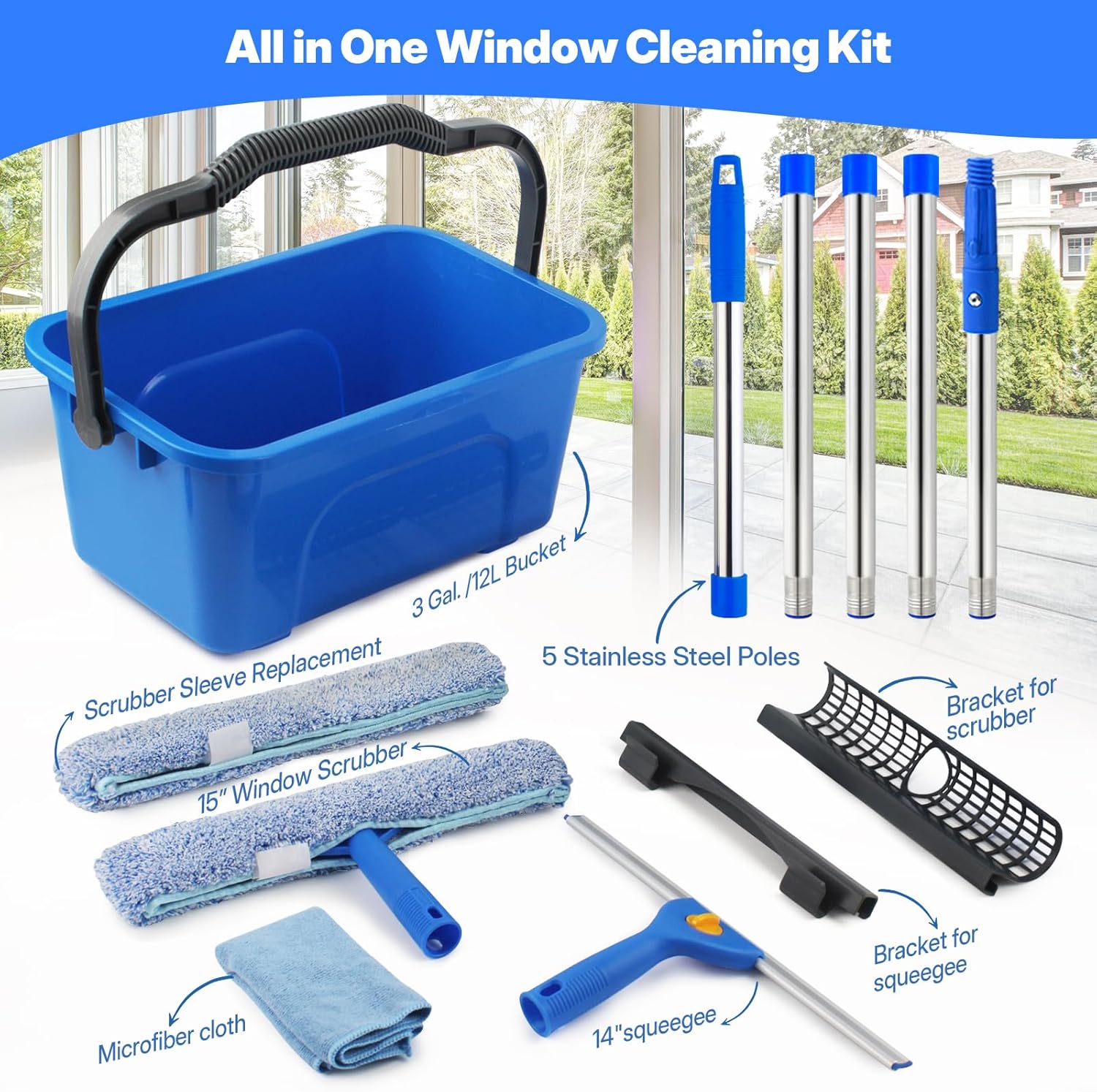 Thumbnail 1 de Professional Window Cleaning Kit with 3-Gallon Bucket, 76-Inch Long Handle Squeegee & Microfiber Scrubber