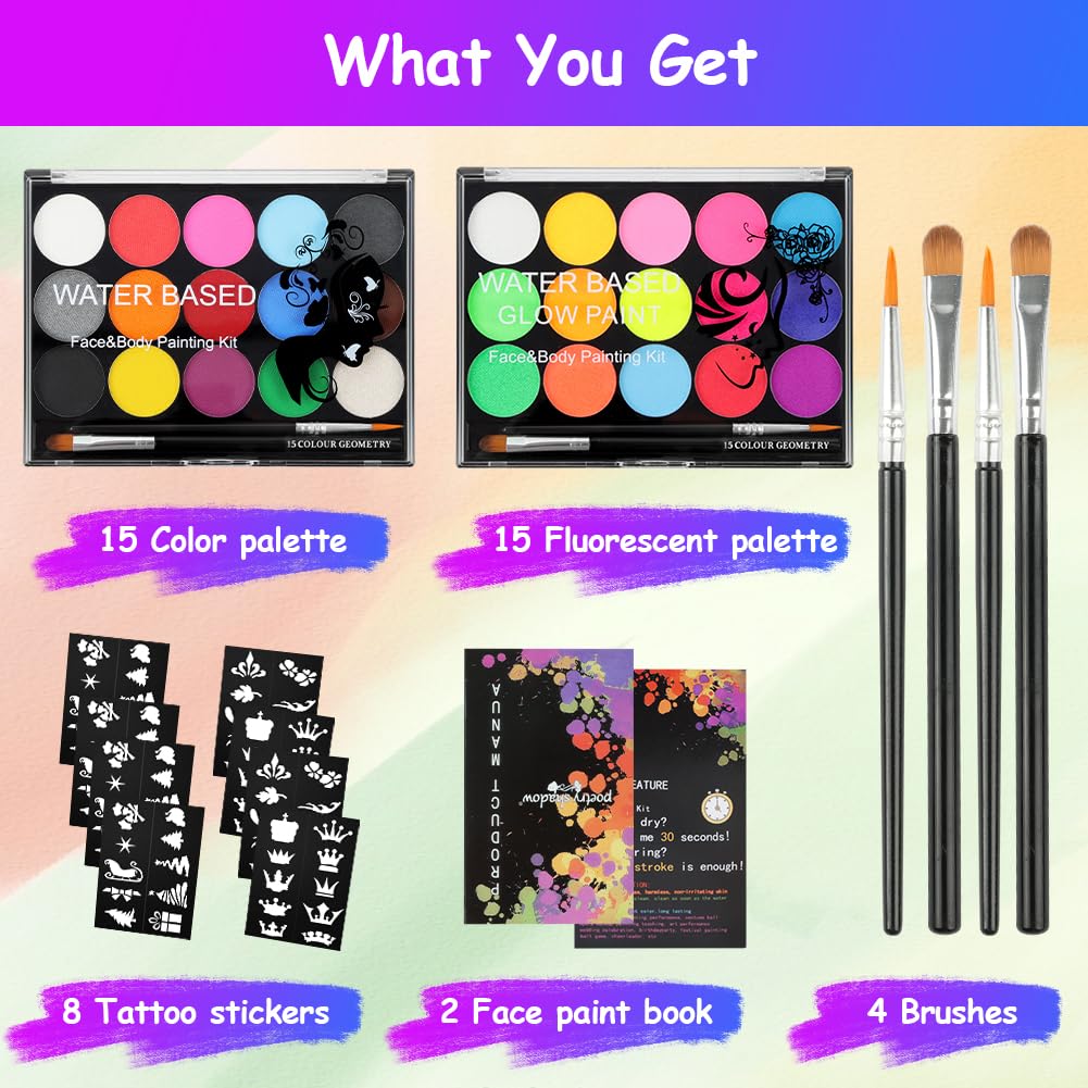 Thumbnail 2 de URAQT Kinderschminke Set – 2er Pack mit UV Face Paint und 15-Farben Schminkpalette für Kinder und Erwachsene
