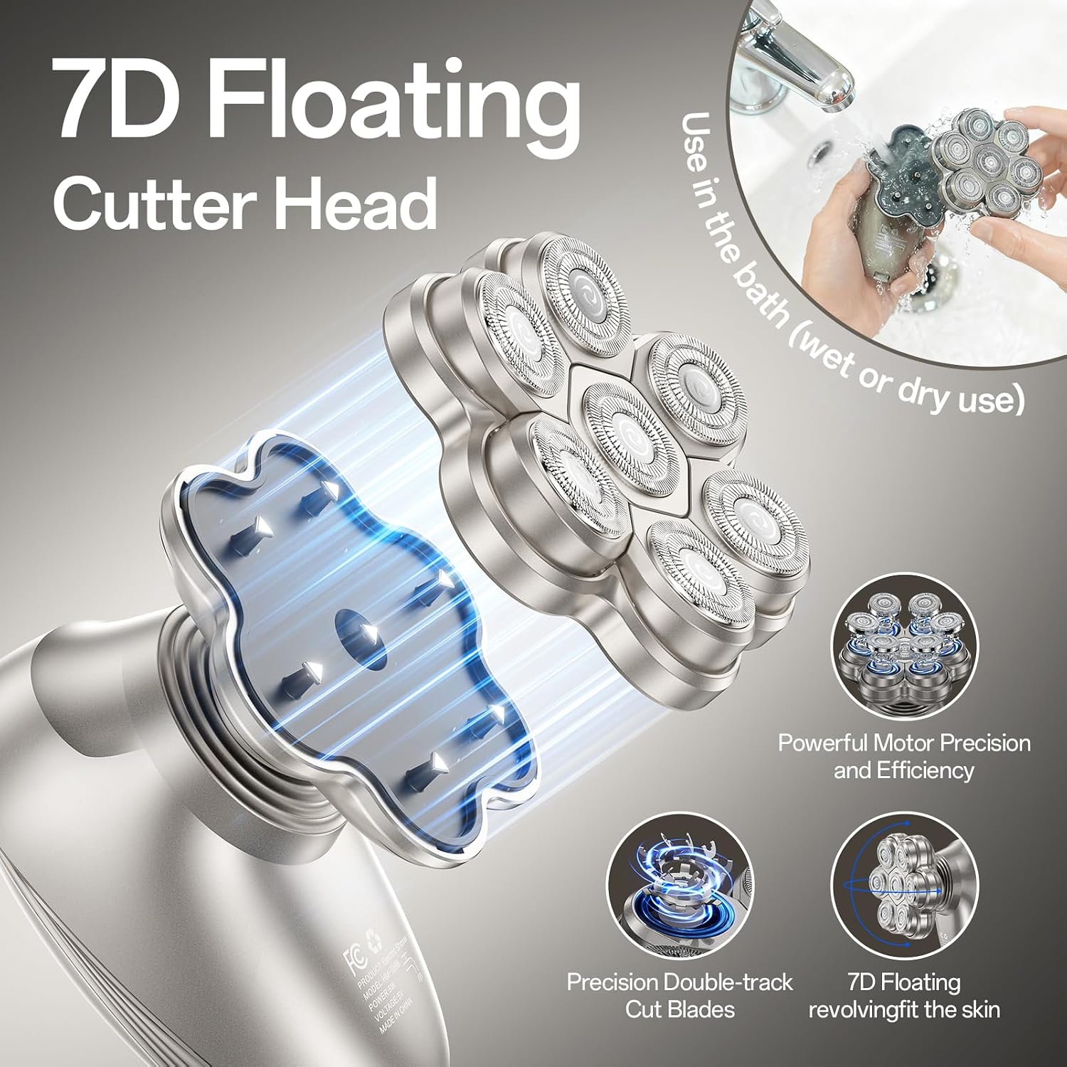 Thumbnail 2 de Electric Head Shaver for Men: 7D Flexible Rotary Shaver with IPX7 Waterproof 5‑in‑1 Grooming Kit