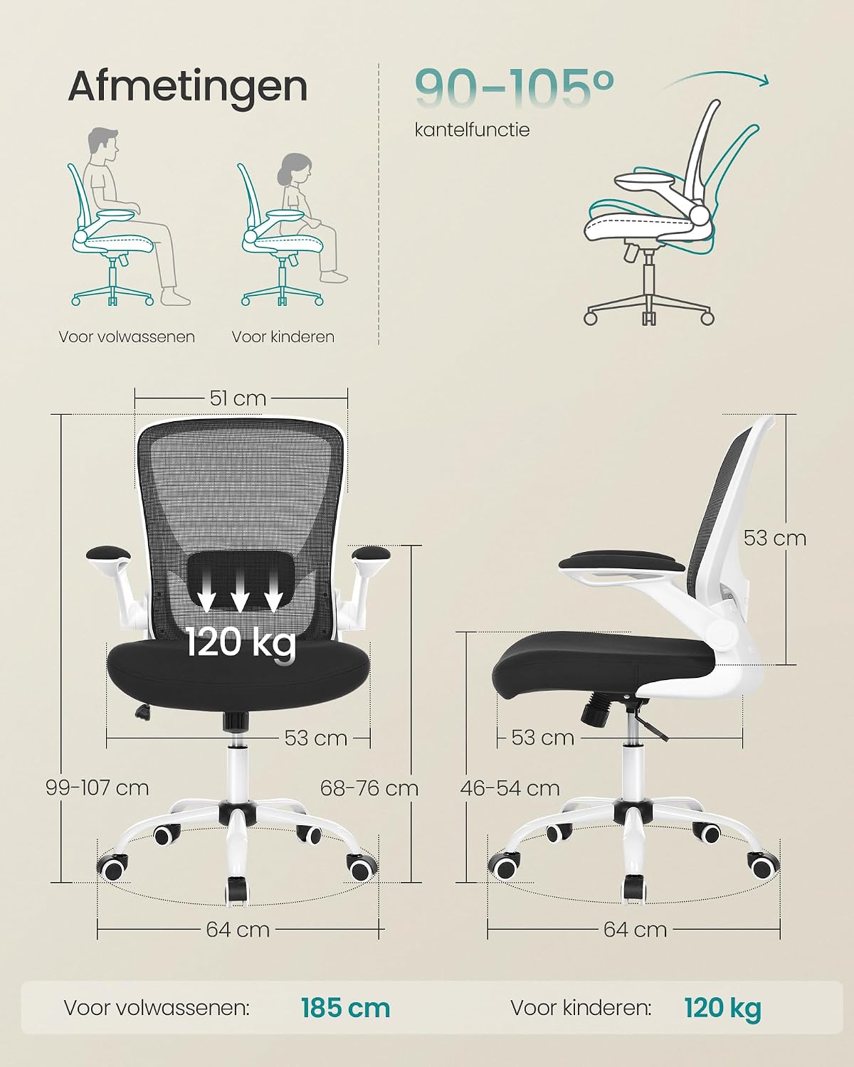 Detalle 2 de SONGMICS OBN37WT ergonomische bureaustoel met inklapbare armleuningen