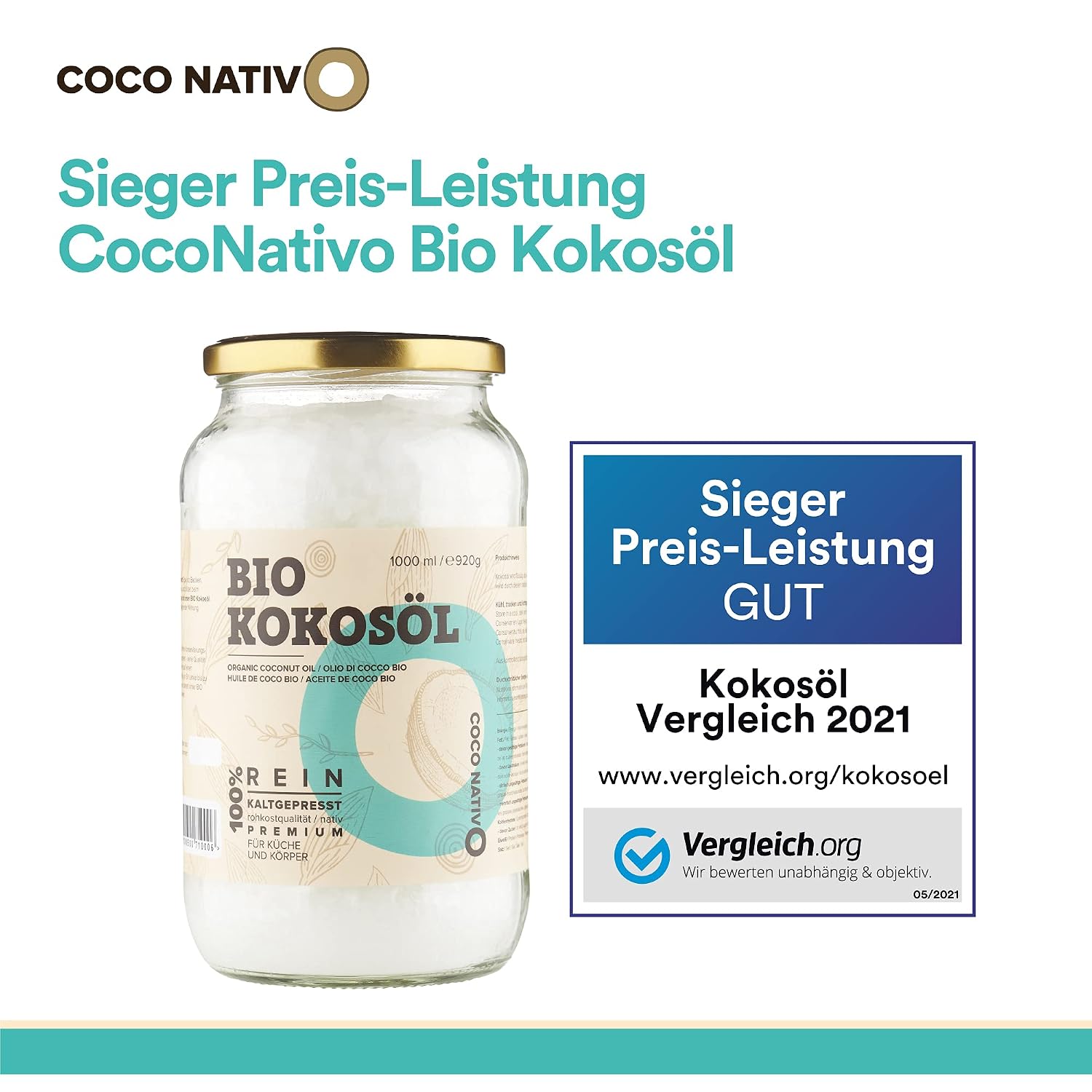 Detalle 2 de CocoNativo Bio Kokosöl 1 L – nativ, kaltgepresst 🥥