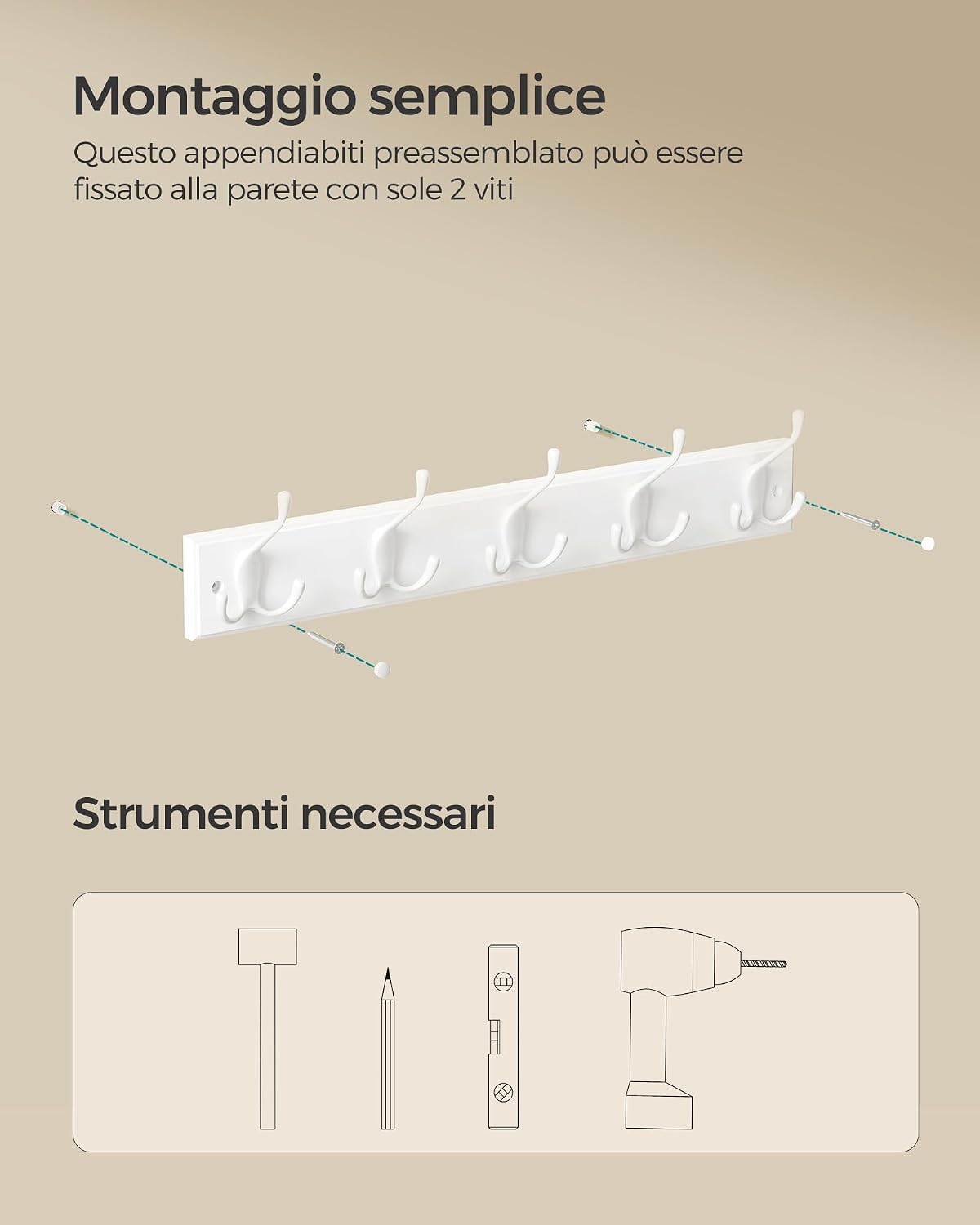 Detalle de SONGMICS Appendiabiti da Parete LHR30WT bianco nuvola, con 4 ganci tripli in metallo
