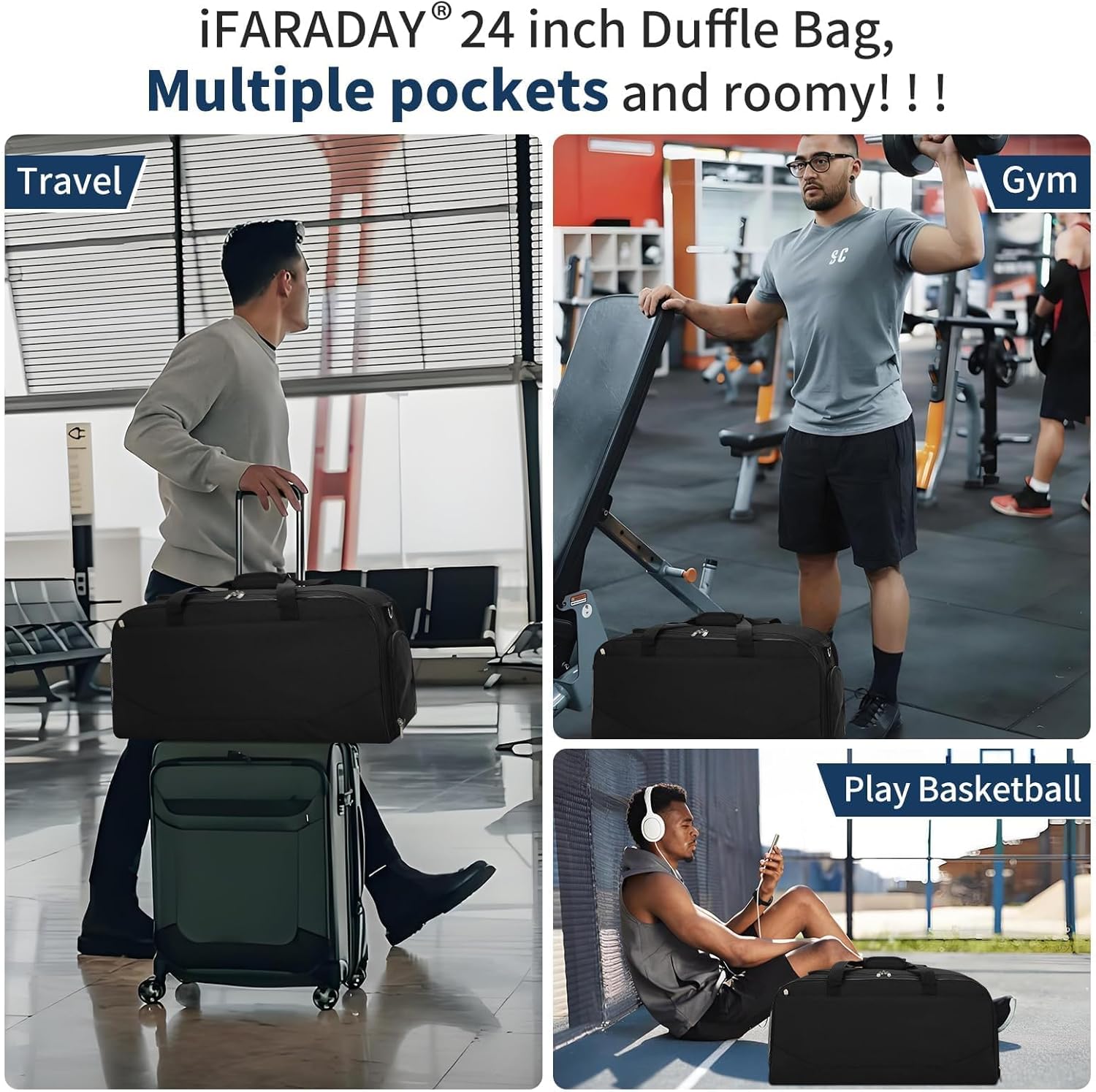 Detalle de LONALIA Sac de Sport 47L avec Compartiment à Chaussures – Noir, 61 × 28 × 28 cm