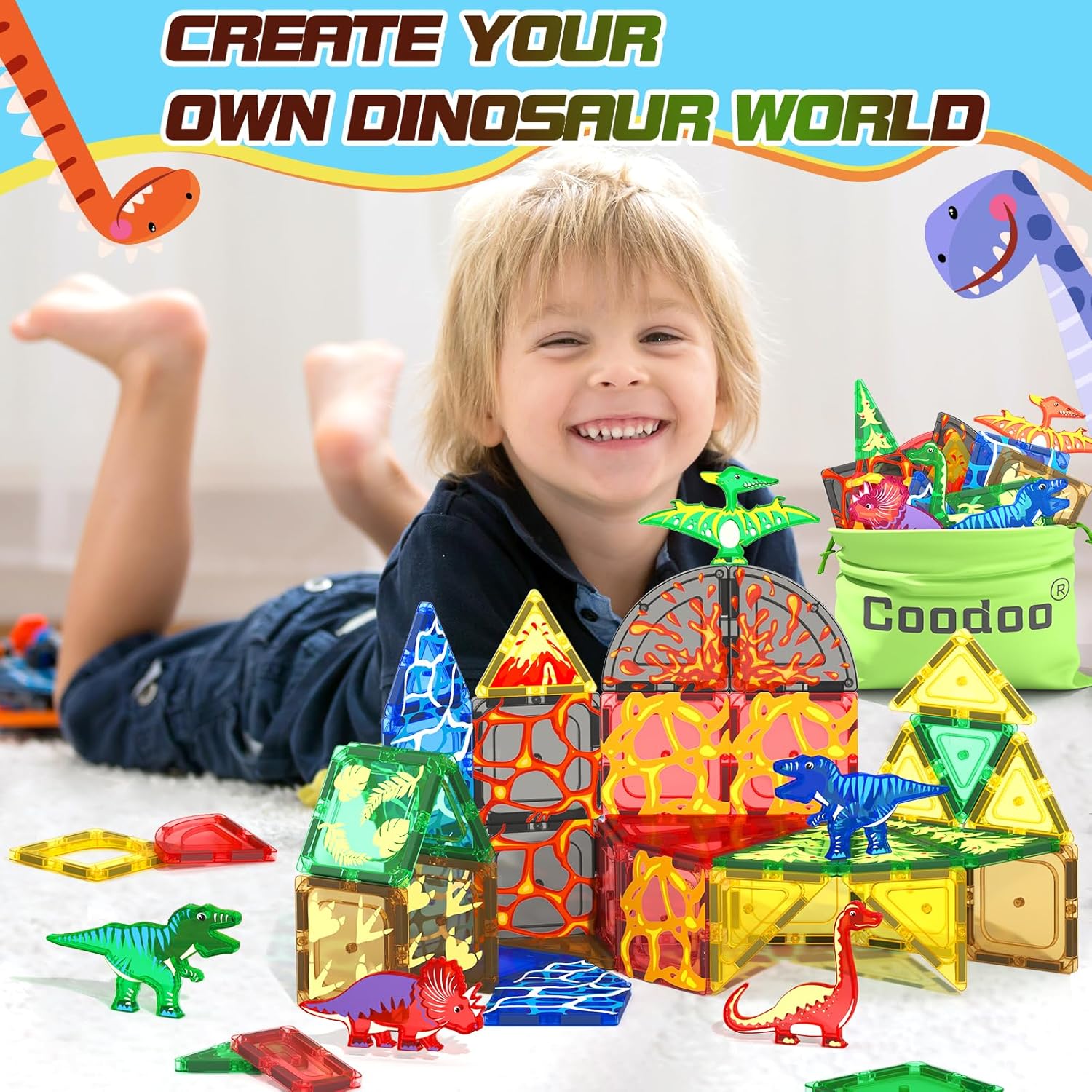 Thumbnail 4 de 102PCS Dinosaur Magnetic Tiles Set with 8 Dinosaurs 🧩