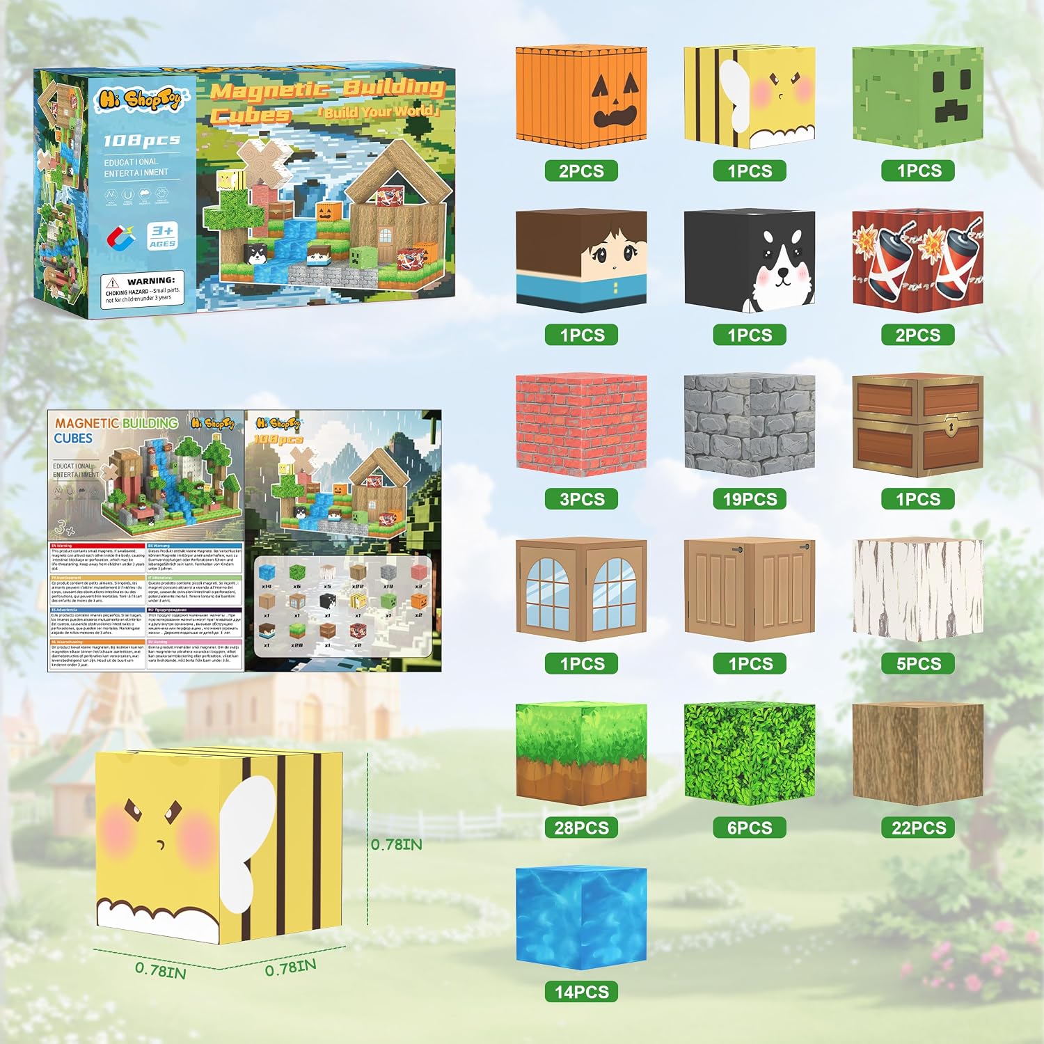 Detalle 2 de HISHOPTOY magnetische Bausteine (108 Teile) – ländliches Haus & Naturalltag für Kinder ab 3 Jahren