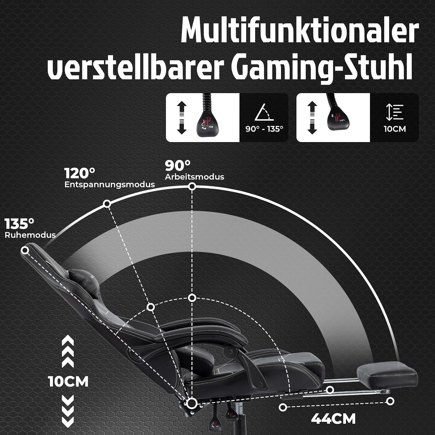 Thumbnail 3 de WOTSTA Gaming Stuhl mit Fußstütze, 90°–155°