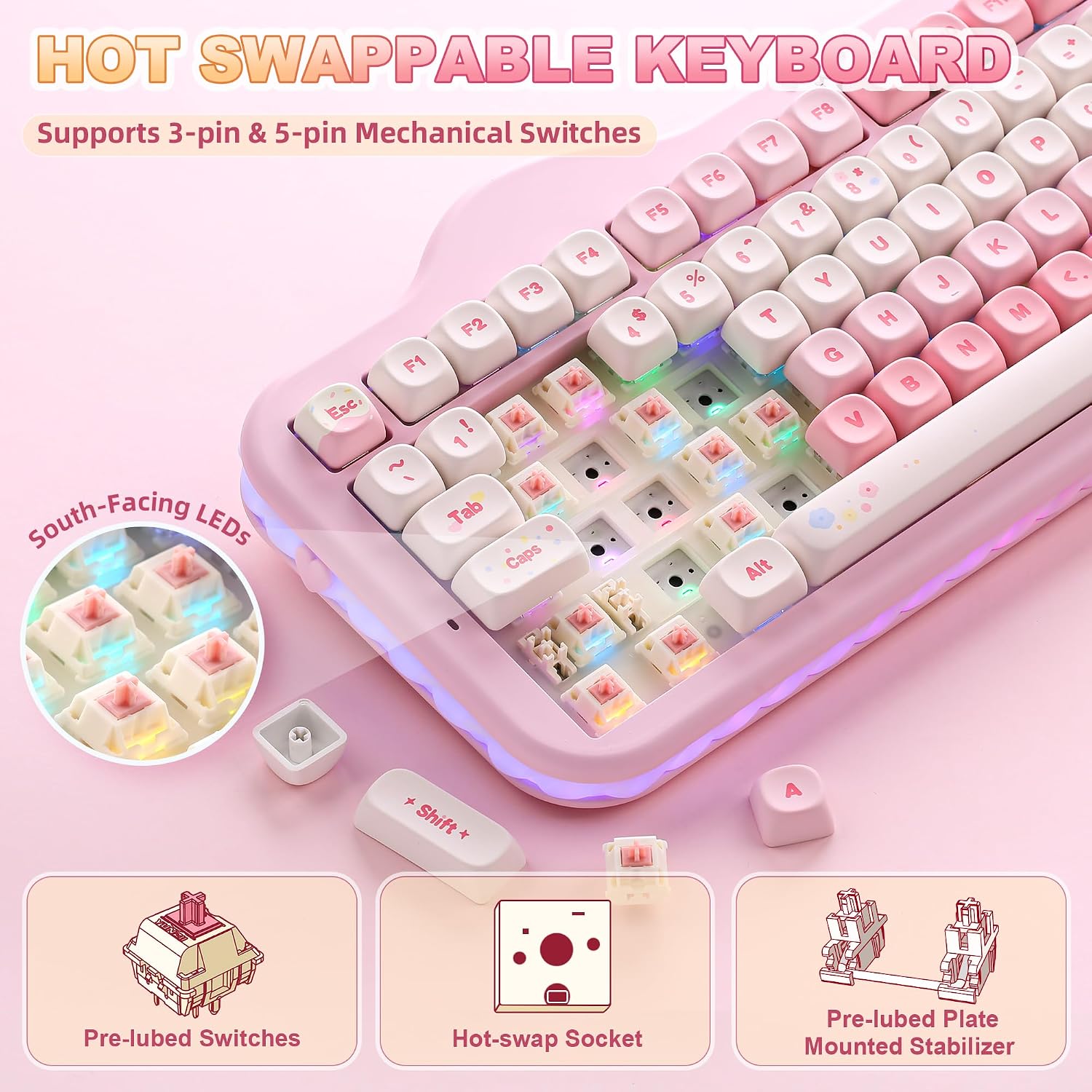 Thumbnail 4 de YUNZII C98 Wireless Mechanical Keyboard with 99 Keys and Numpad (Pink, Candy Linear Switch)