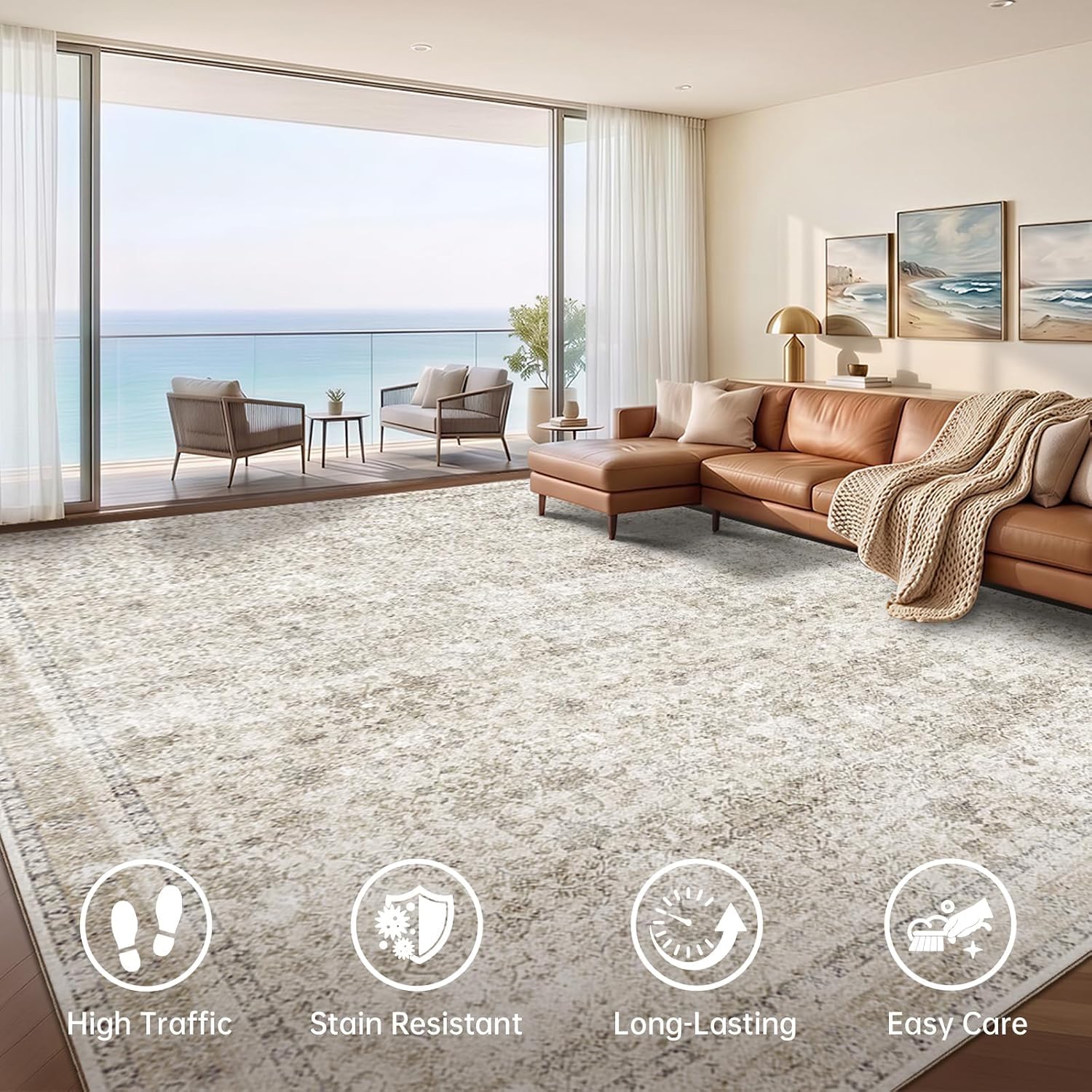 Thumbnail 2 de Sasttie 8' x 10' Beige Washable Area Rug with Low-Pile Faux Wool