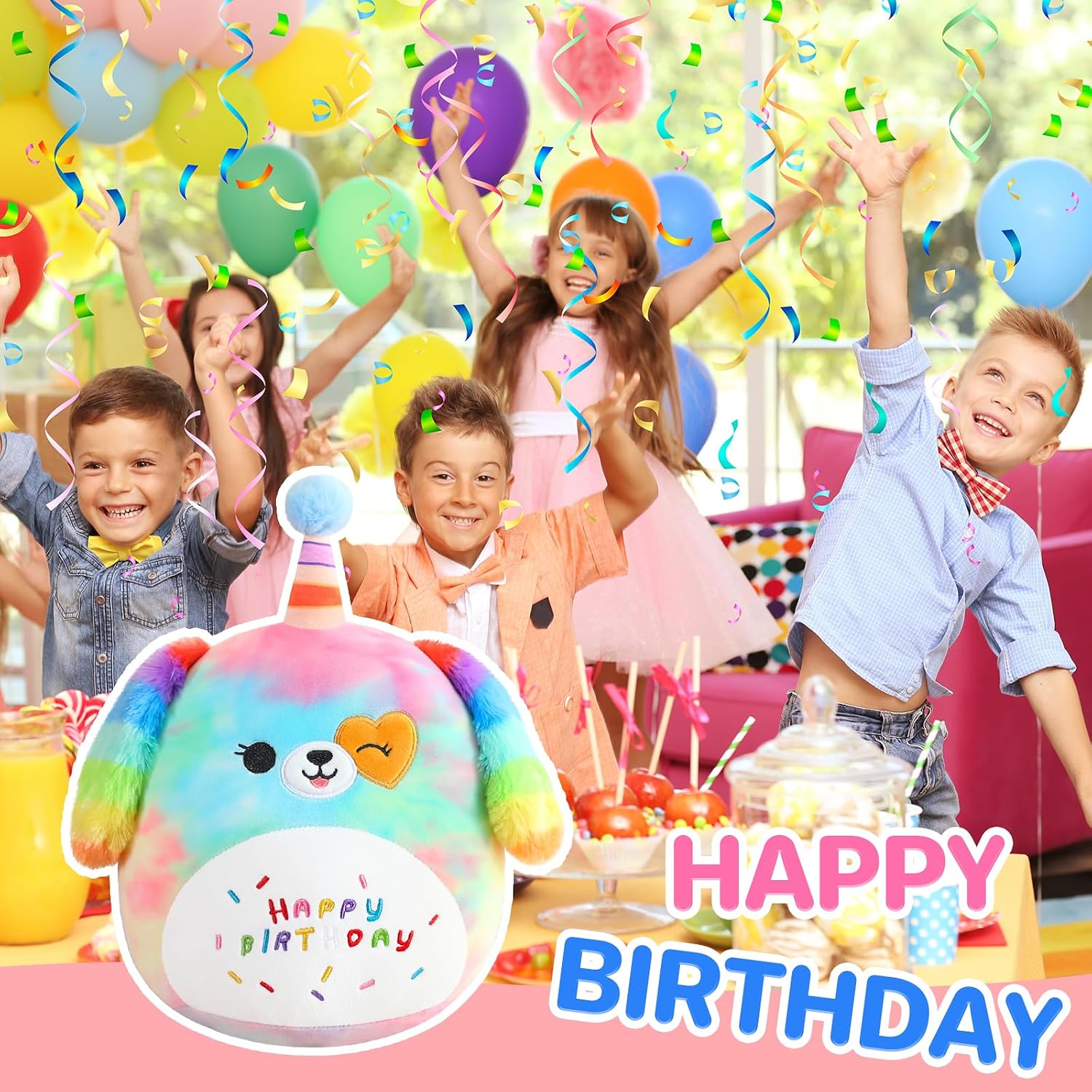 Detalle 2 de SQEQE Happy Birthday Rainbow Dog plush 25 cm