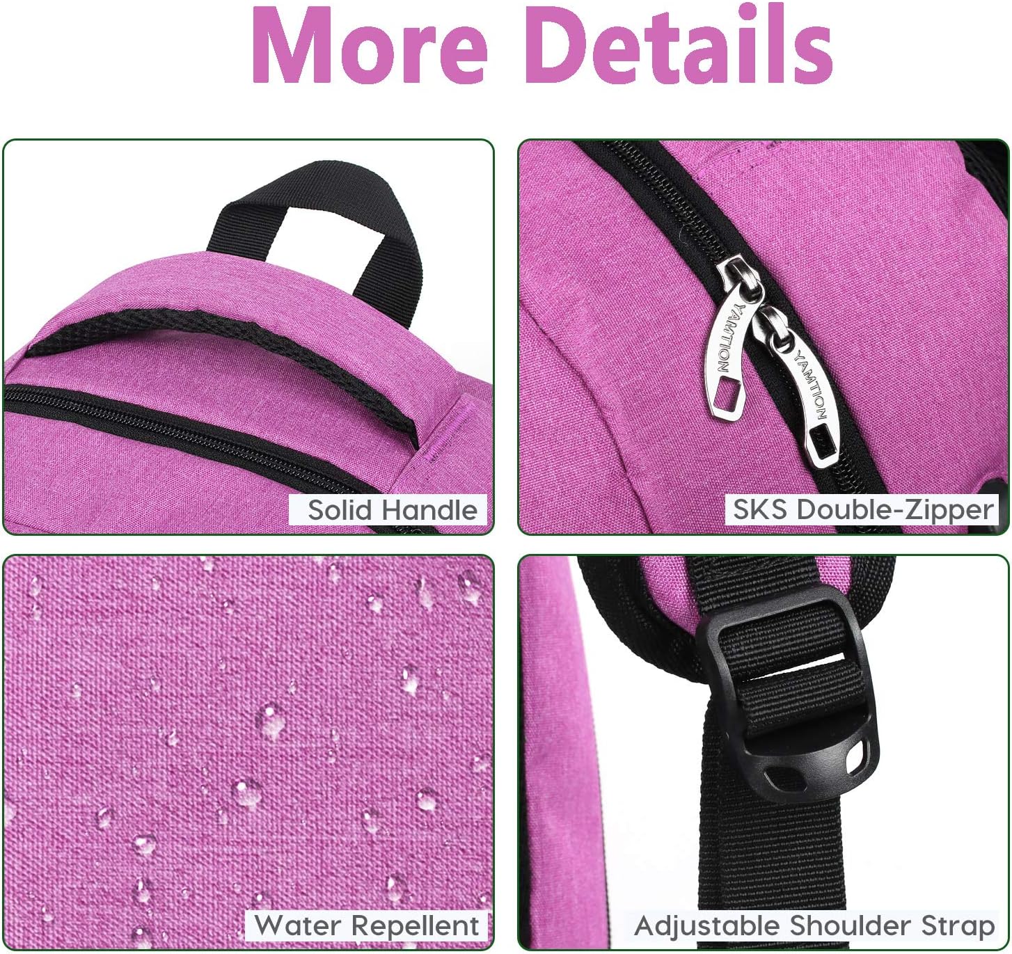 Detalle de YAMTION Schulrucksack für Damen und Mädchen – 35L, Laptopfach 15,6 Zoll, USB-Ladeanschluss