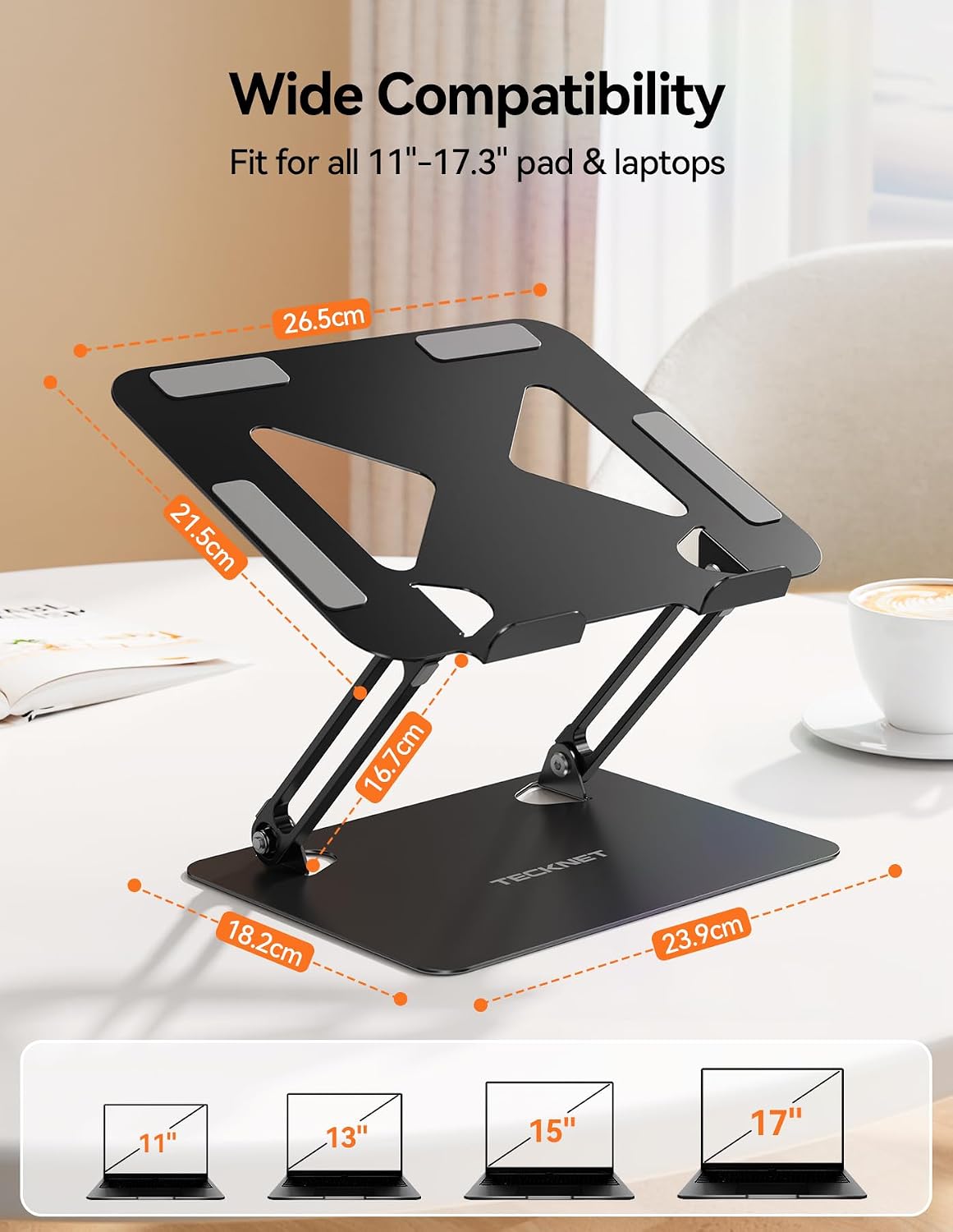Detalle 2 de TECKNET Laptop Stand for Desk: Adjustable Ergonomic Riser for 11–17.3 Inch Laptops