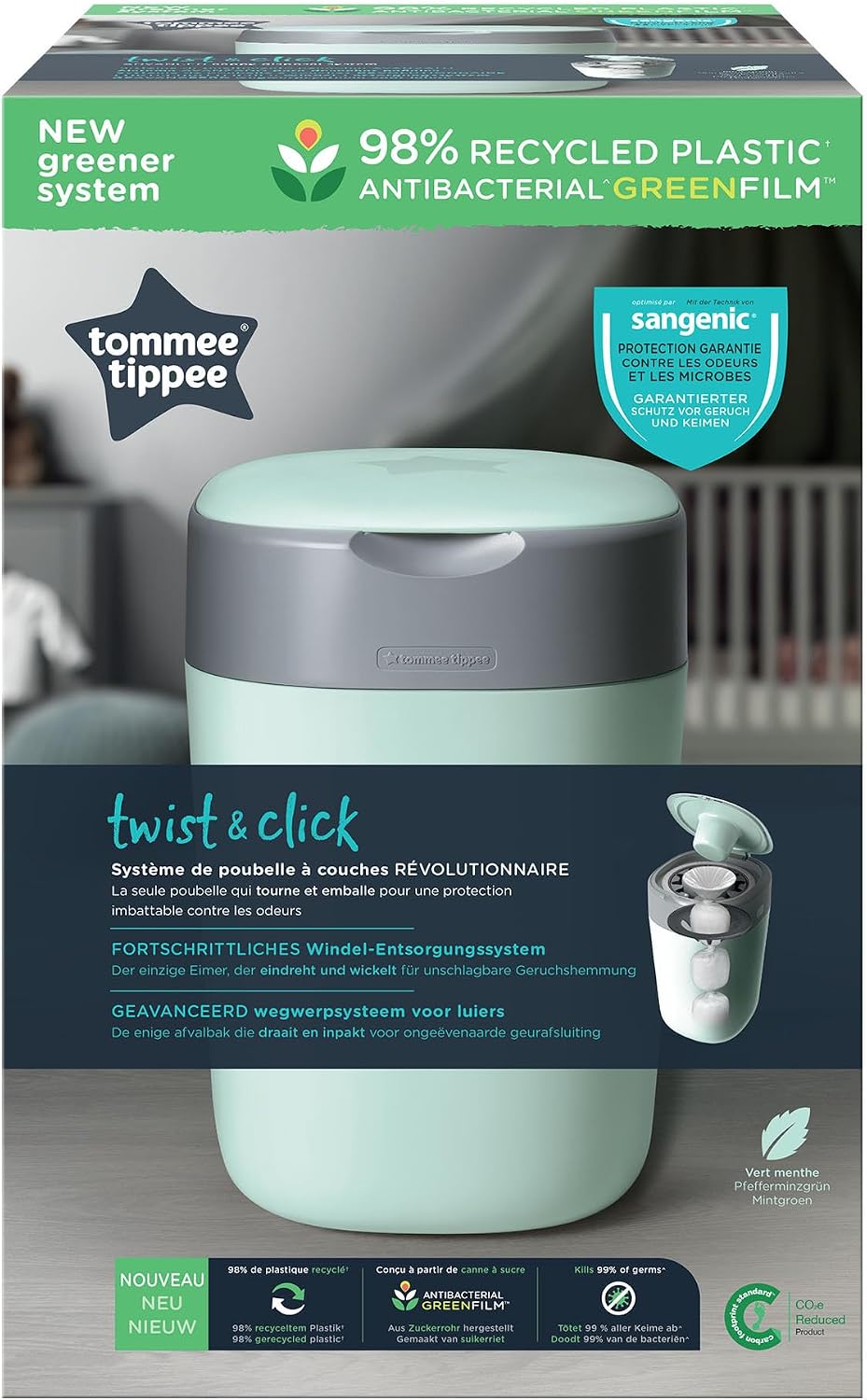 Thumbnail 1 de Tommee Tippee Twist and Click Nappy Bin with Refill Cassette (Multilayer Antibacterial) – Green