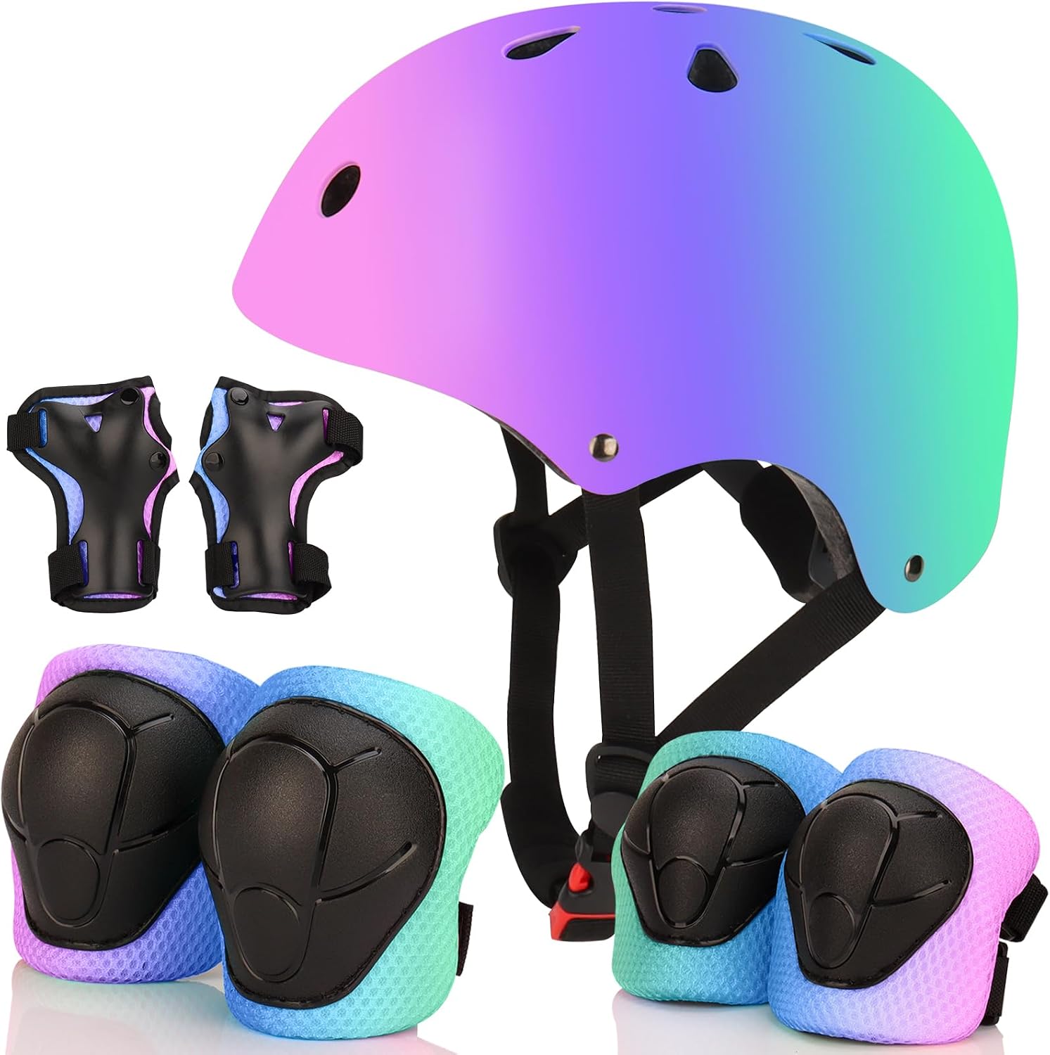Detalle de Color Gradient Adjustable Kids Bike Helmet with Knee & Elbow Pads 7-in-1 Protective Gear Set