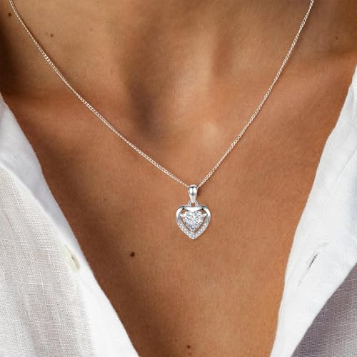 Detalle de EXGOX Silver Heart Necklace 925 Sterling Silver with White Crystal Heart – Adjustable Dainty Pendant for Women