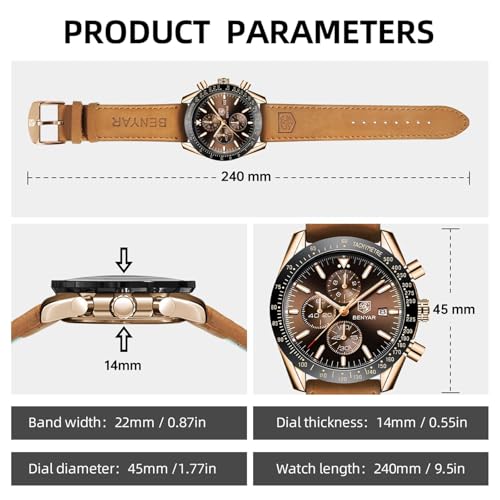 Detalle de BENYAR BY-5140 Men's Analogue Quartz Chronograph Watch with Brown Leather Strap
