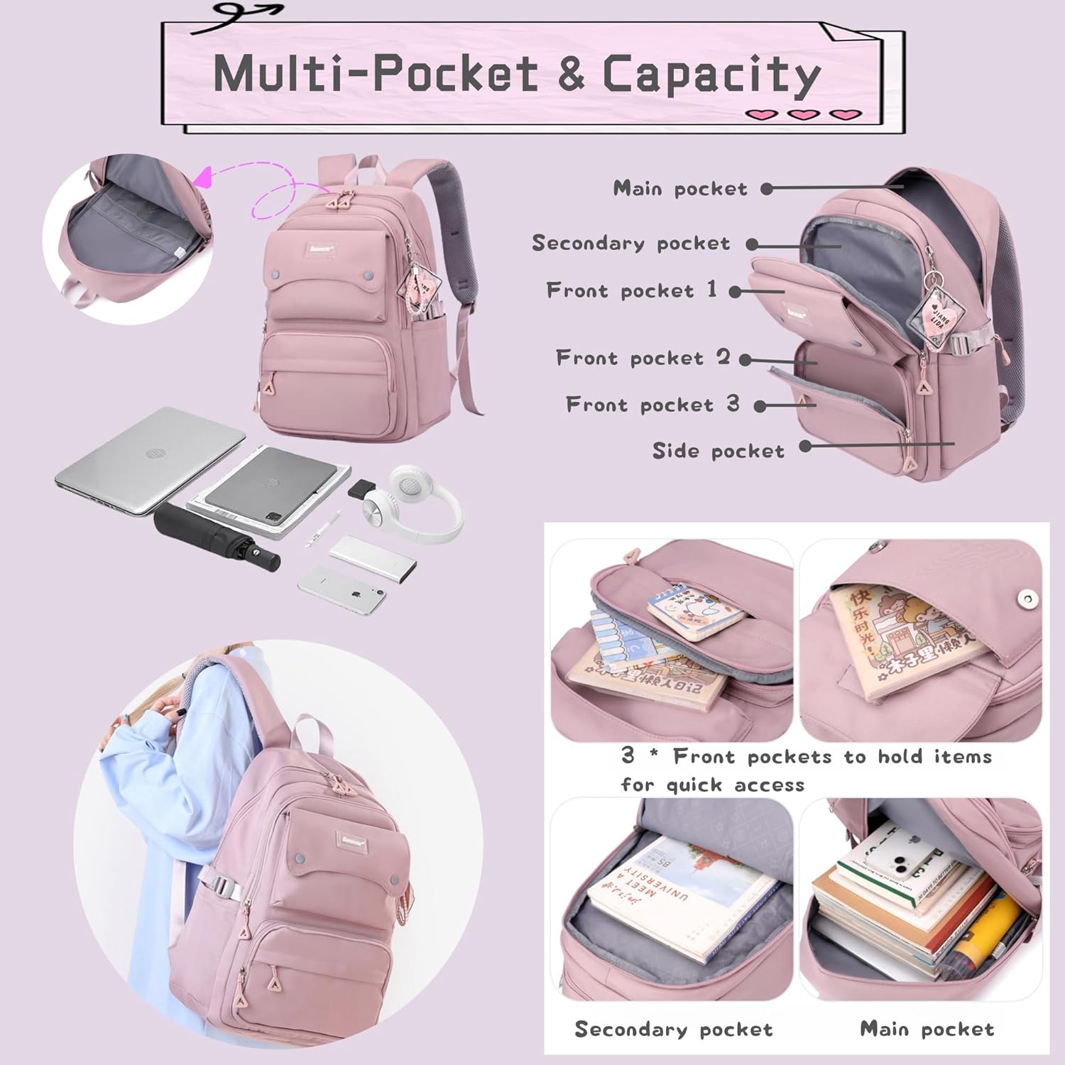 Thumbnail 3 de Bansusu 3Pcs Solid Colour Girls Backpack and Lunch Bag Set for Kids