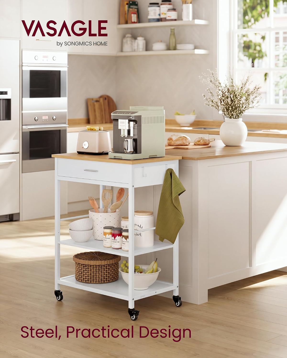 Detalle 2 de VASAGLE BARNET KKI007Y01 Kitchen Trolley, 60 x 45 x 90 cm, Drawer and Shelves
