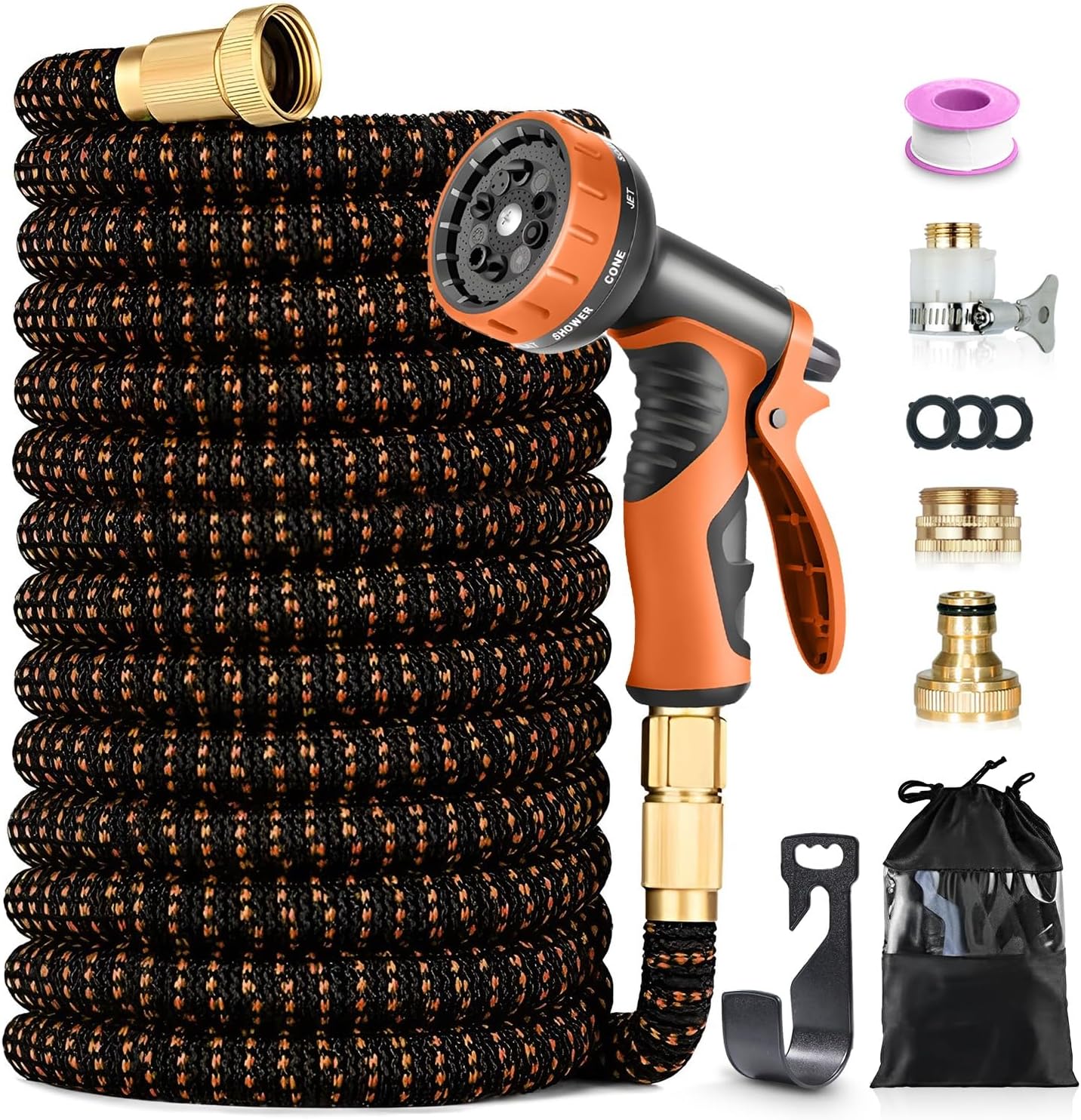 Detalle de Expandable Garden Hose Pipe 150FT/45M with 10-Pattern Spray Nozzle (Expandable 4-layer latex core, 1/2" & 3/4" connectors)