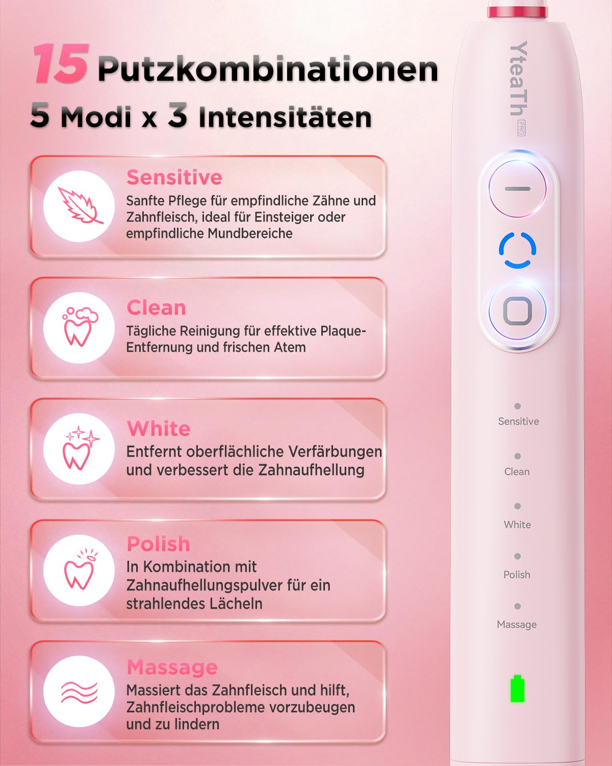 Thumbnail 3 de Rotierende elektrische Zahnbürste für Erwachsene & Kinder mit 8 Aufsteckbürsten, 3 Intensitäten, 5 Modi und Wand-Ladestation (Perlmuttrosa)
