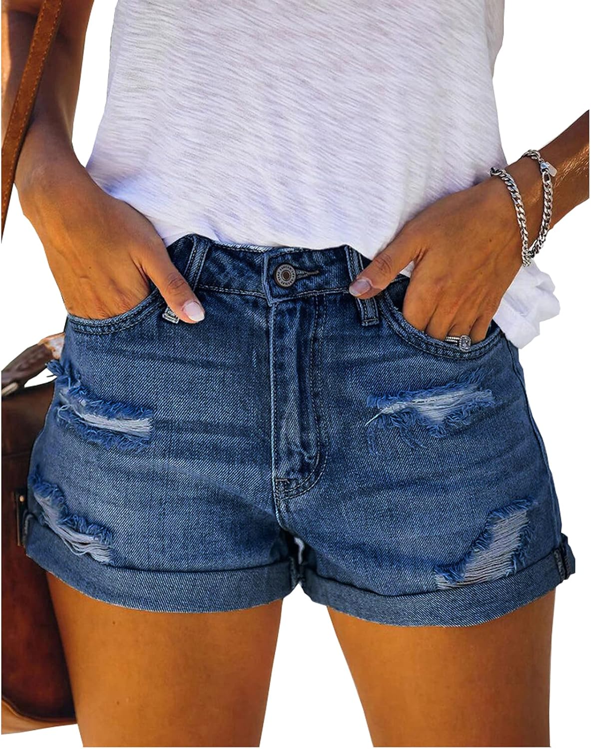 Thumbnail 5 de Bichingda Denim Shorts for Women – Ripped Mid Rise, Folded Hem, Stretchy Casual Jeans