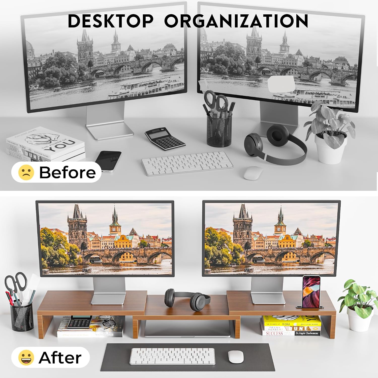 Thumbnail 3 de BONTEC Dual Monitor Stand Riser, Adjustable Walnut Desk Organizer