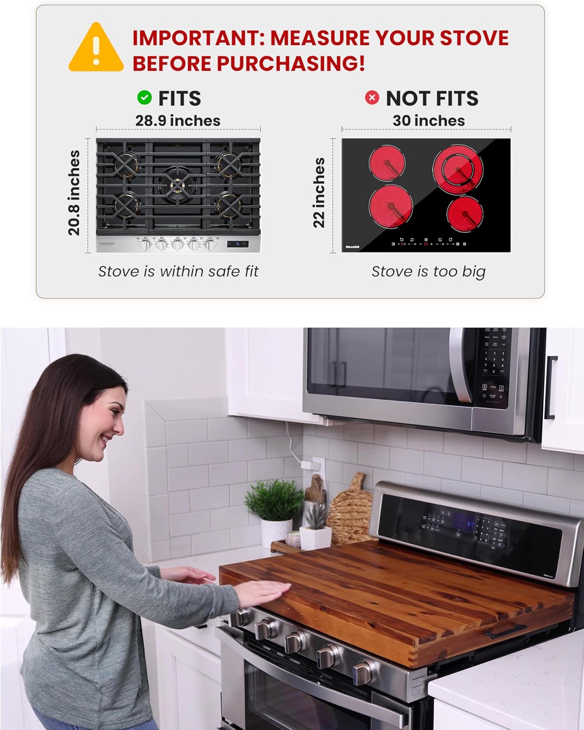 Thumbnail 2 de Tidita Acacia Wood Stove Top Cover, 30" x 22" with Metal Handles