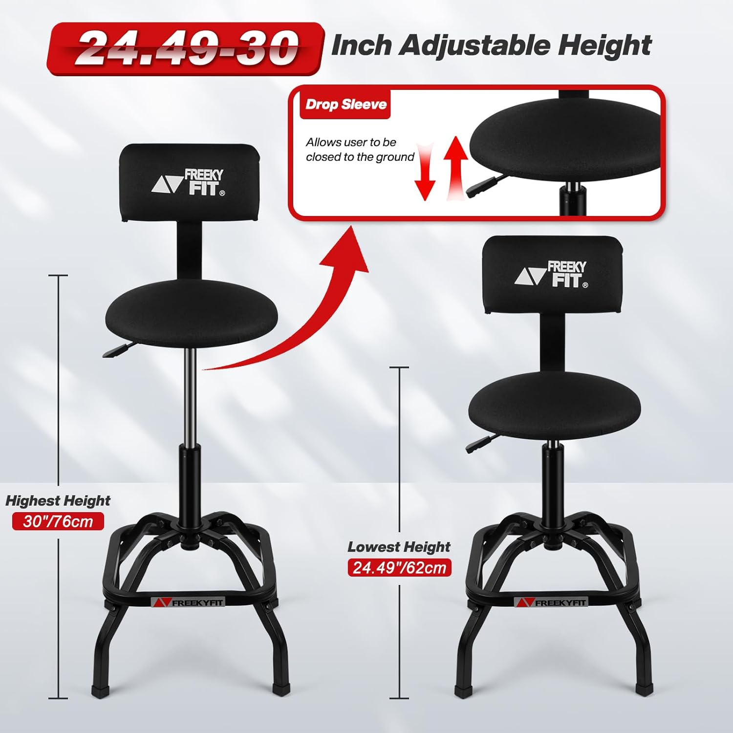 Detalle 2 de FreekyFit Shop Stool with Backrest: Adjustable 360° Swivel Mechanics Stool for Workshop