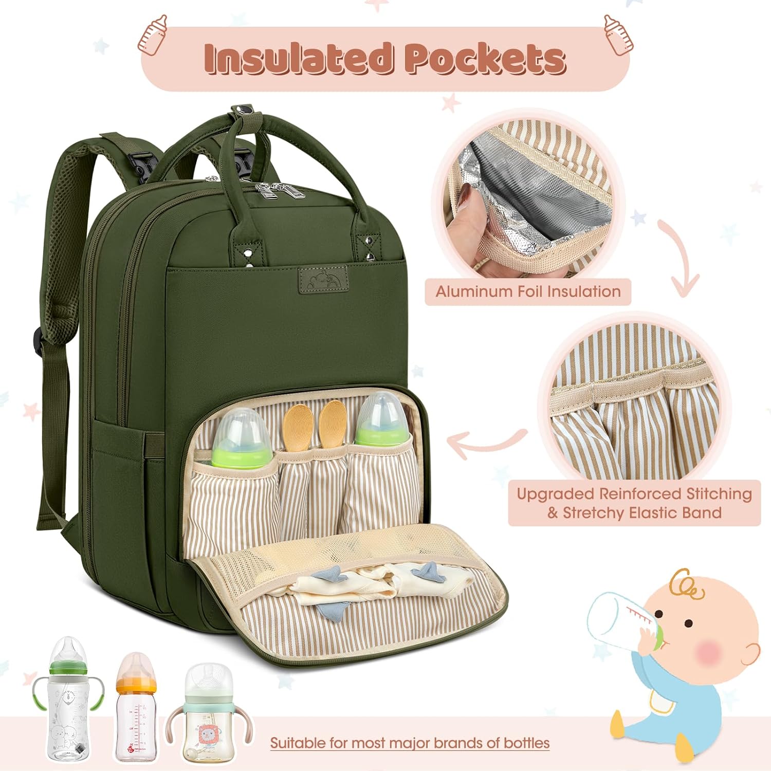 Thumbnail 3 de NEWHEY Baby Changing Bag Backpack with Portable Changing Mat – Waterproof Nappy Bag in Green