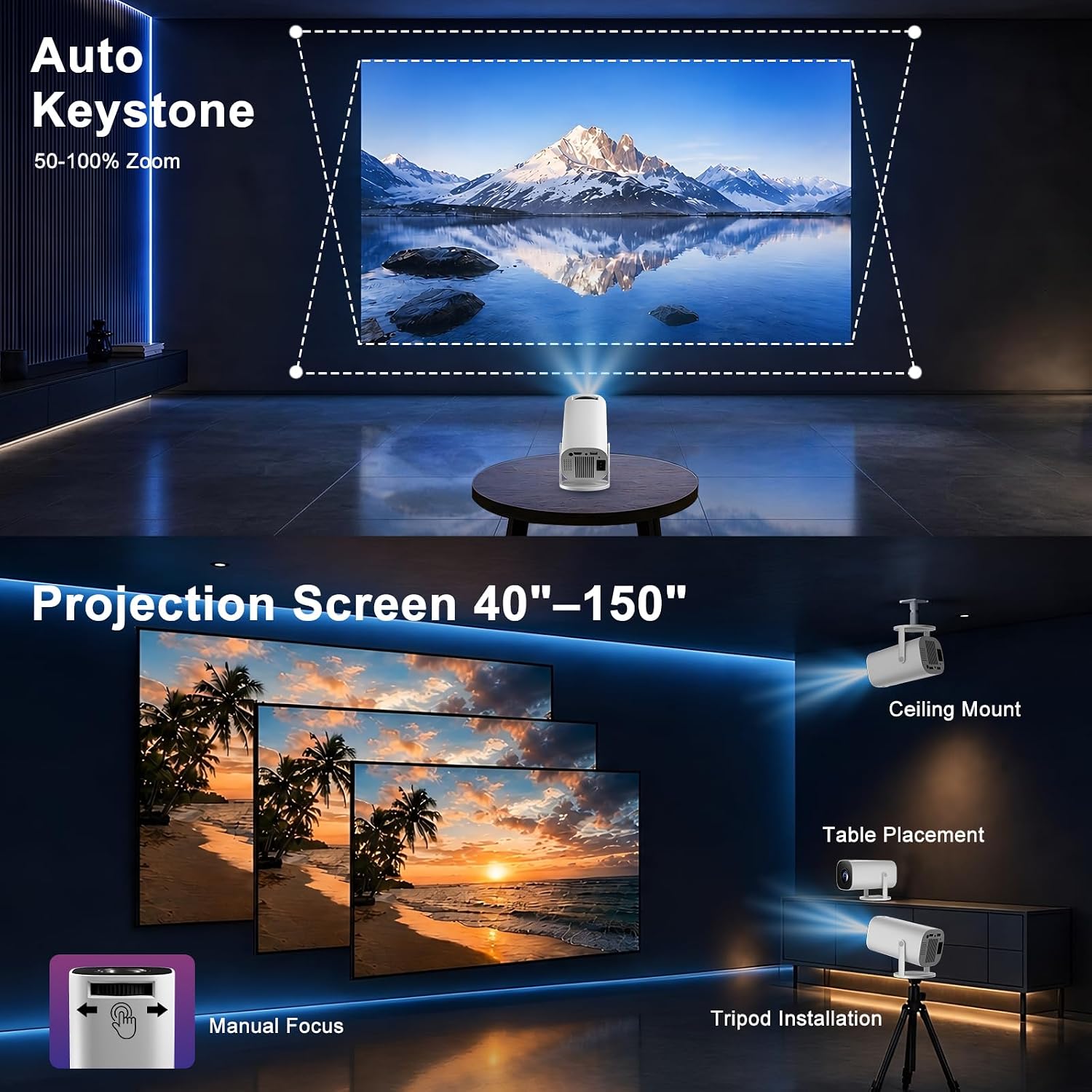 Detalle de Mini Beamer 4K Unterstützt – Tragbarer Projektor mit WiFi 6, BT 5.4 und 180°-Drehung