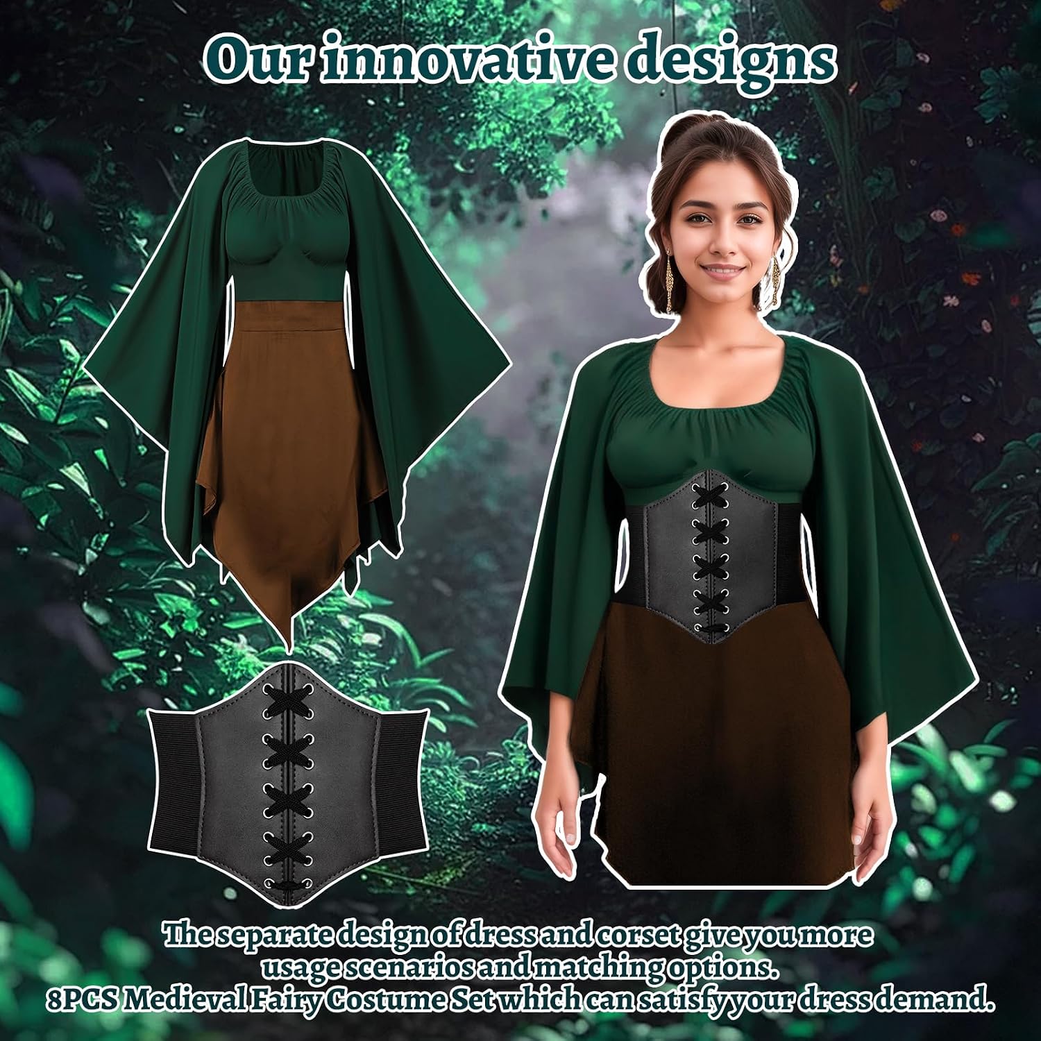 Detalle 2 de HODBLKT Women’s Elf Costume, 8-Piece Renaissance Irish Dress Set