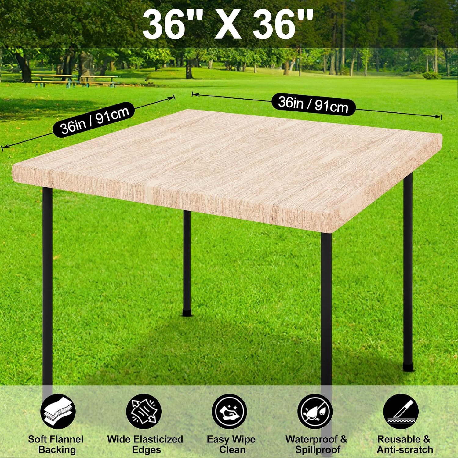 Detalle de Smiry Square Table Cloth Cover: Waterproof Elastic Fitted 36" x 36" (Beige Wood)