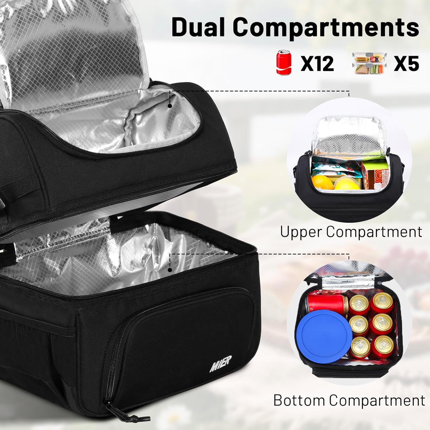 Thumbnail 1 de MIER Dual Compartment Insulated Lunch Bag Tote with Shoulder Strap