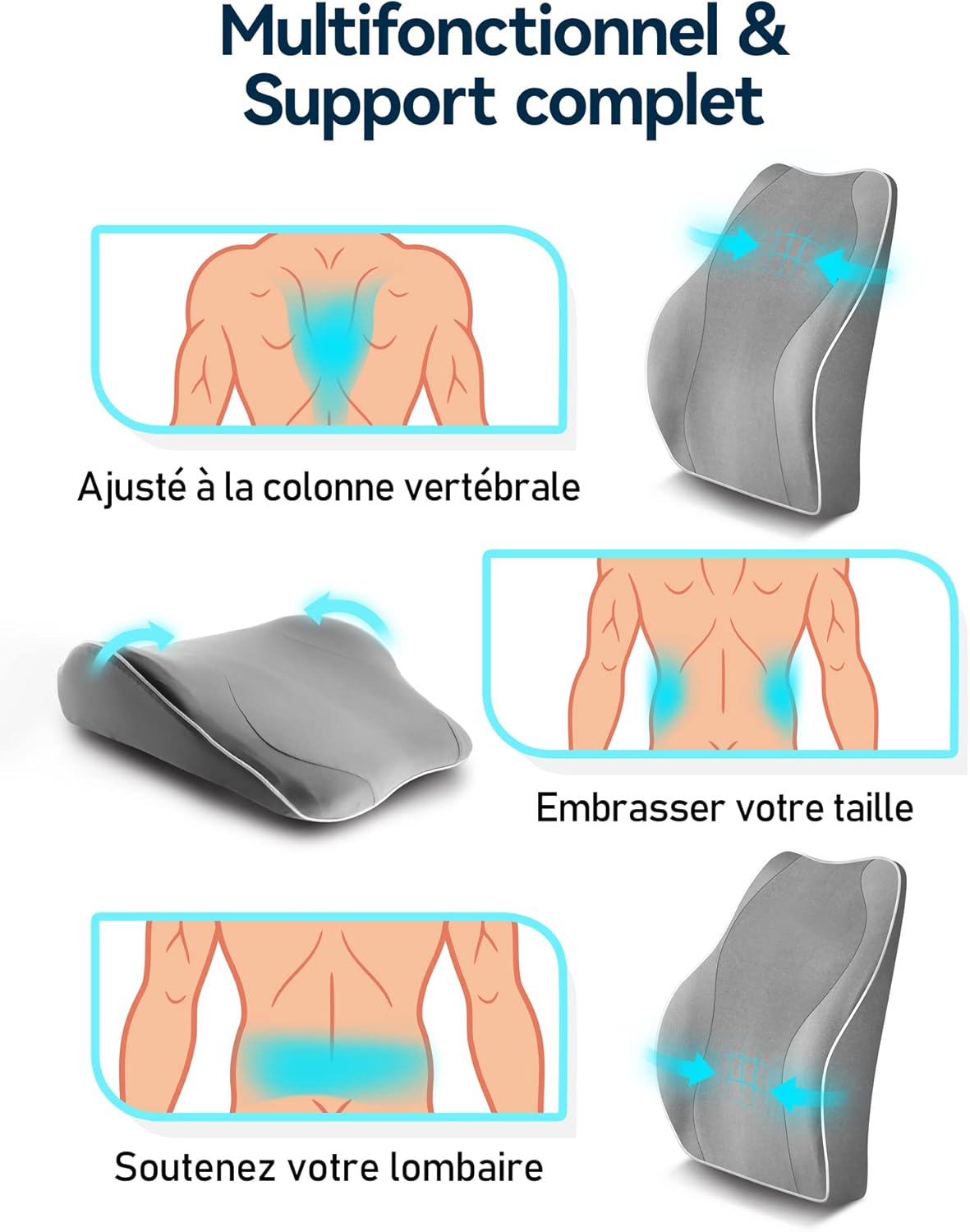 Thumbnail 3 de Travel Ease Coussin de soutien lombaire ergonomique en mousse à mémoire de forme pour siège (gris)