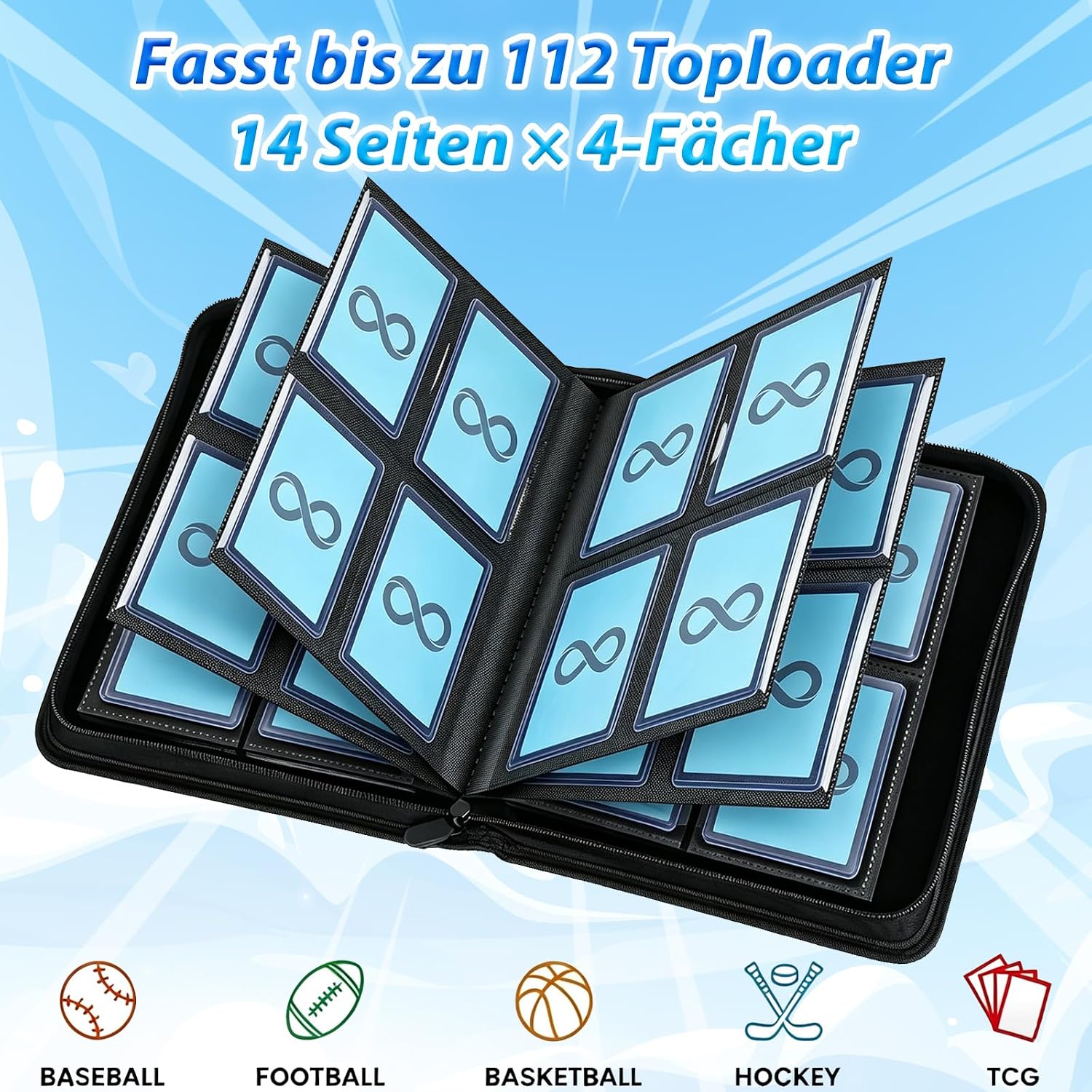 Detalle 2 de Toploader Sammelkarten Album für 112 Karten, 4 Fächer pro Seite, 3" x 4" - Grau