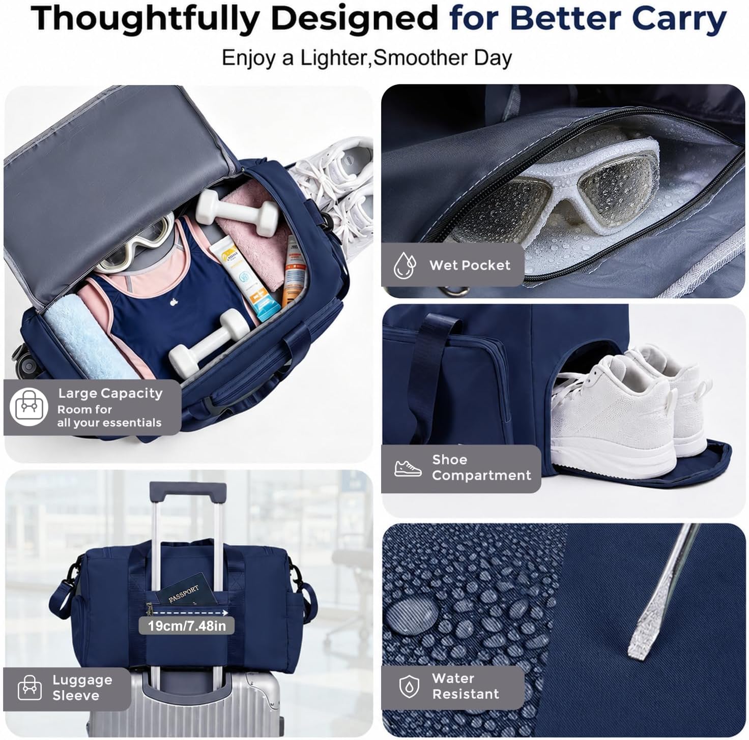 Thumbnail 3 de FIORETTO Gym Bag with Wet Pocket and Shoe Compartment – 30L, Foldable & Water-Resistant