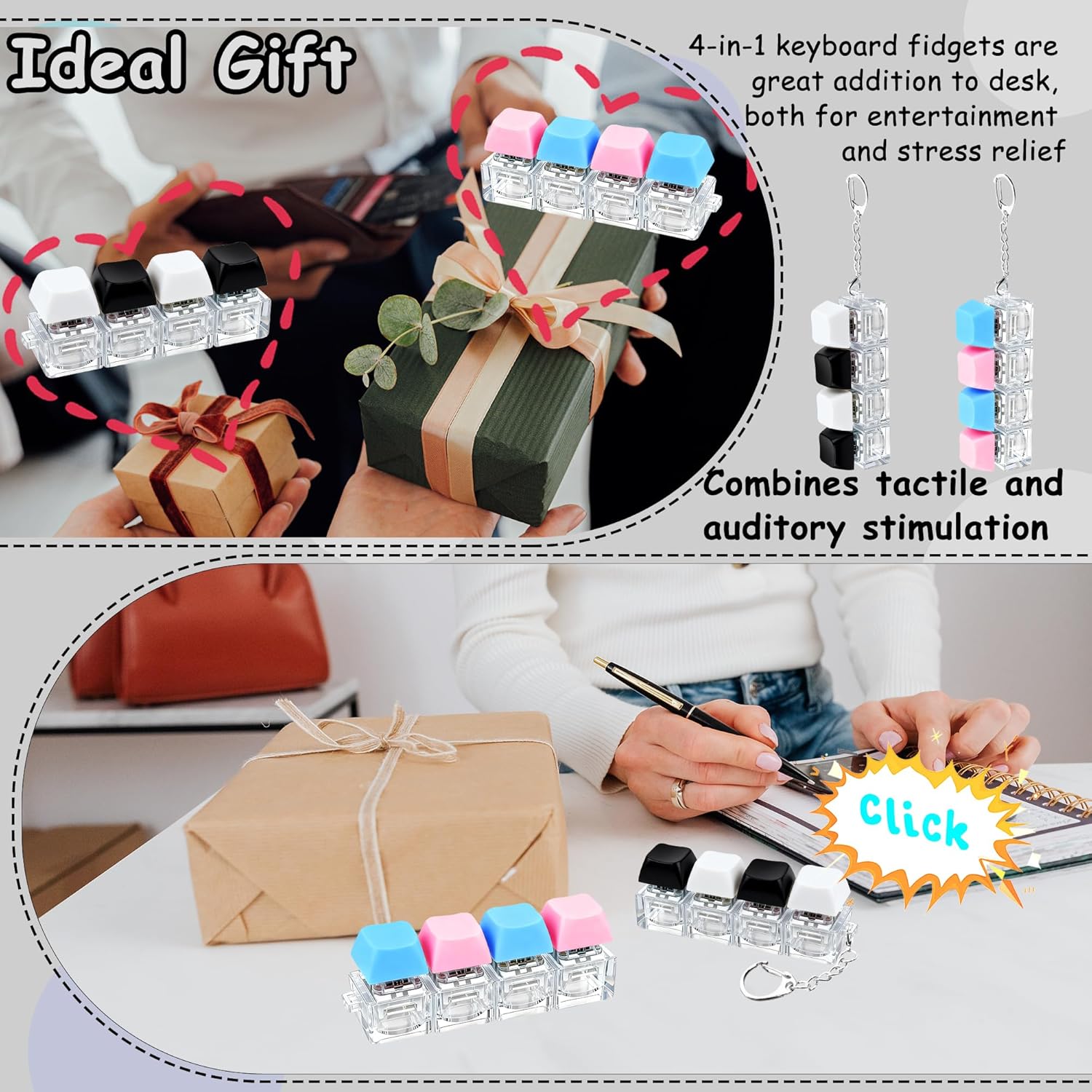 Thumbnail 3 de 2 PCS Keyboard Fidget Toys: 4-in-1 Keyboard Decompression Button Keychain (Black/White/Blue/Pink)