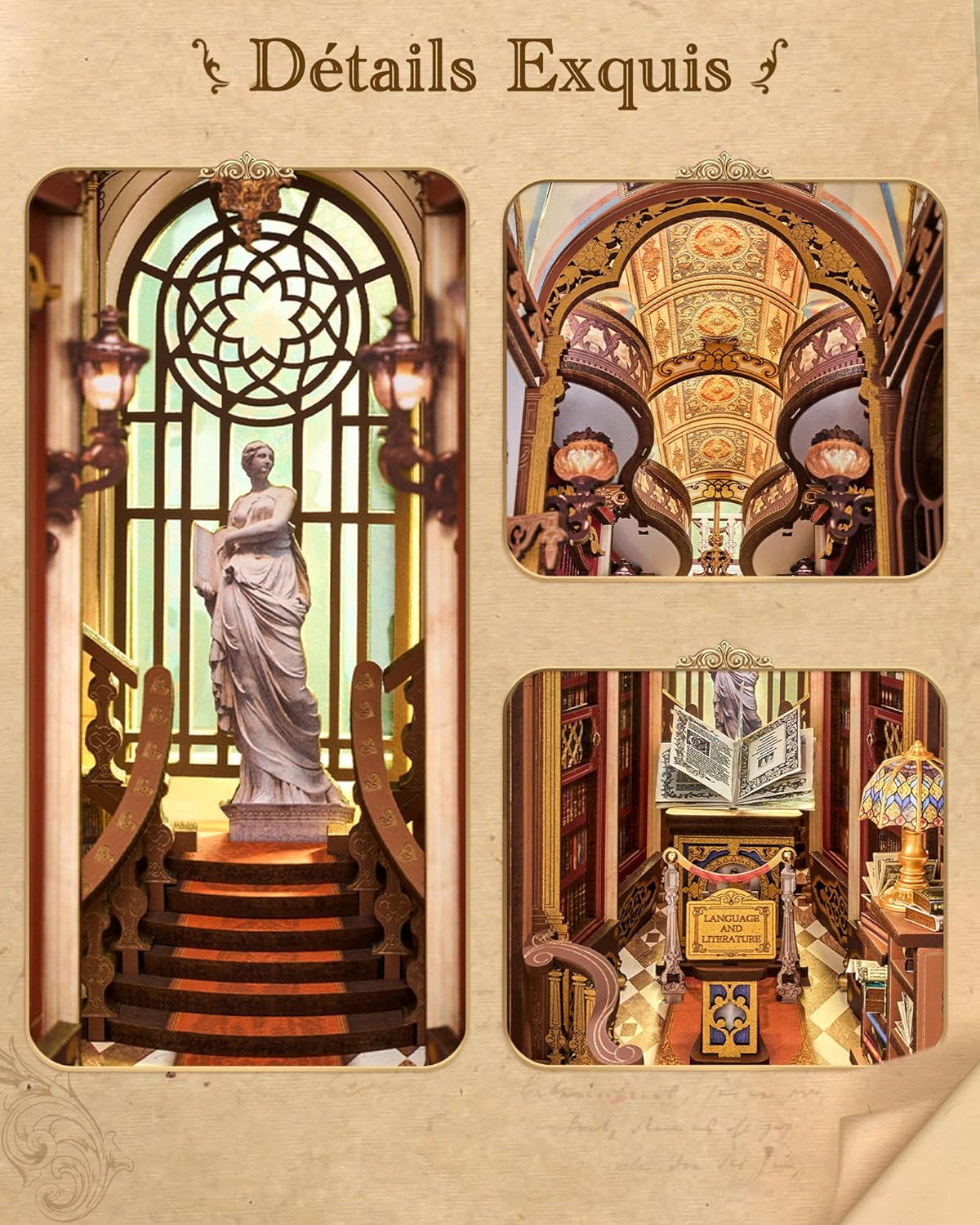 Detalle 2 de Rolife Book Nook Library of Wonders — Puzzle 3D en bois à assembler sans colle