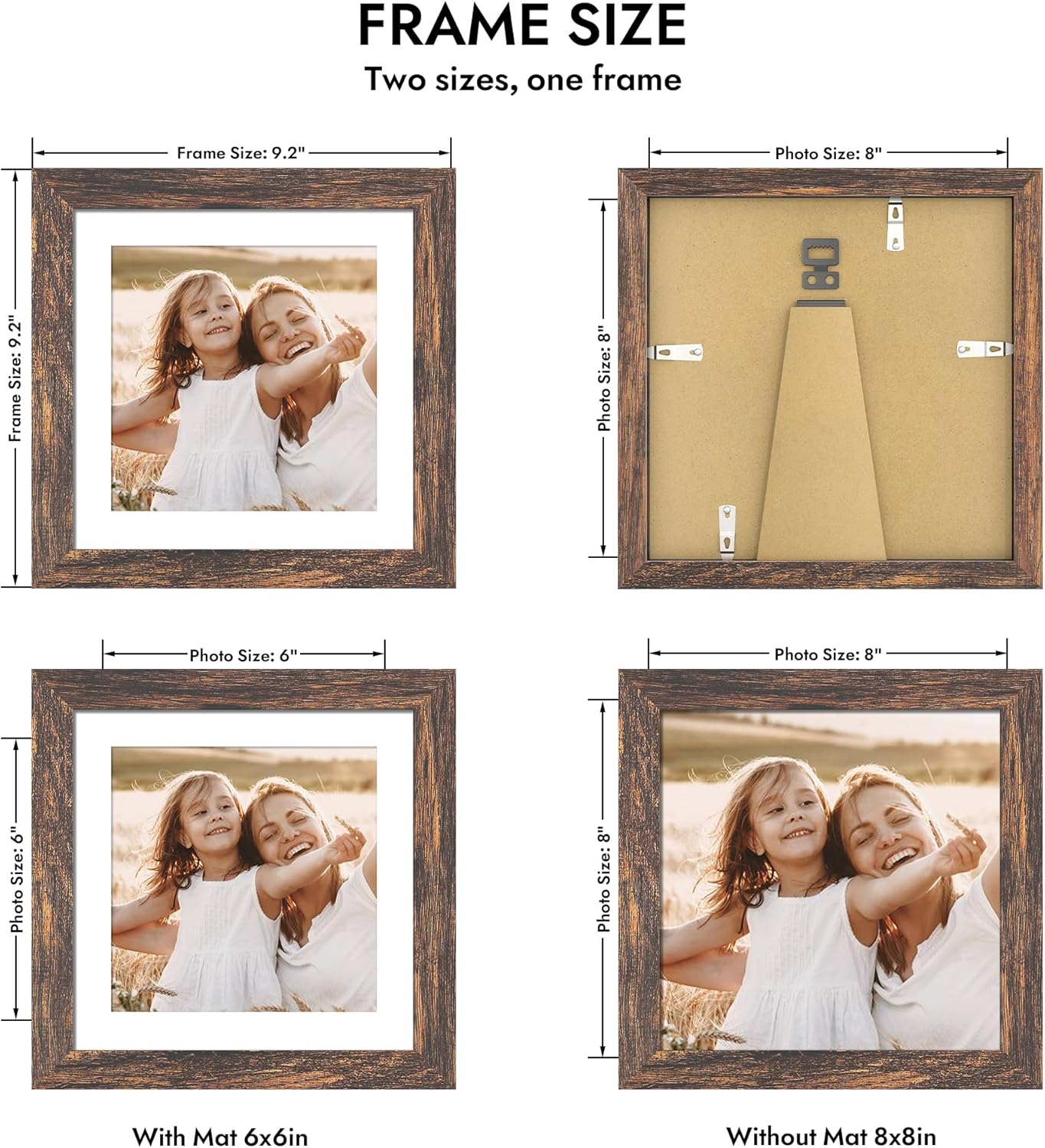 Detalle de Hongkee 8x8 Picture Frame with Glass – Rustic Wood, 6x6 with Mat / 8x8 without Mat, Wall & Tabletop Display