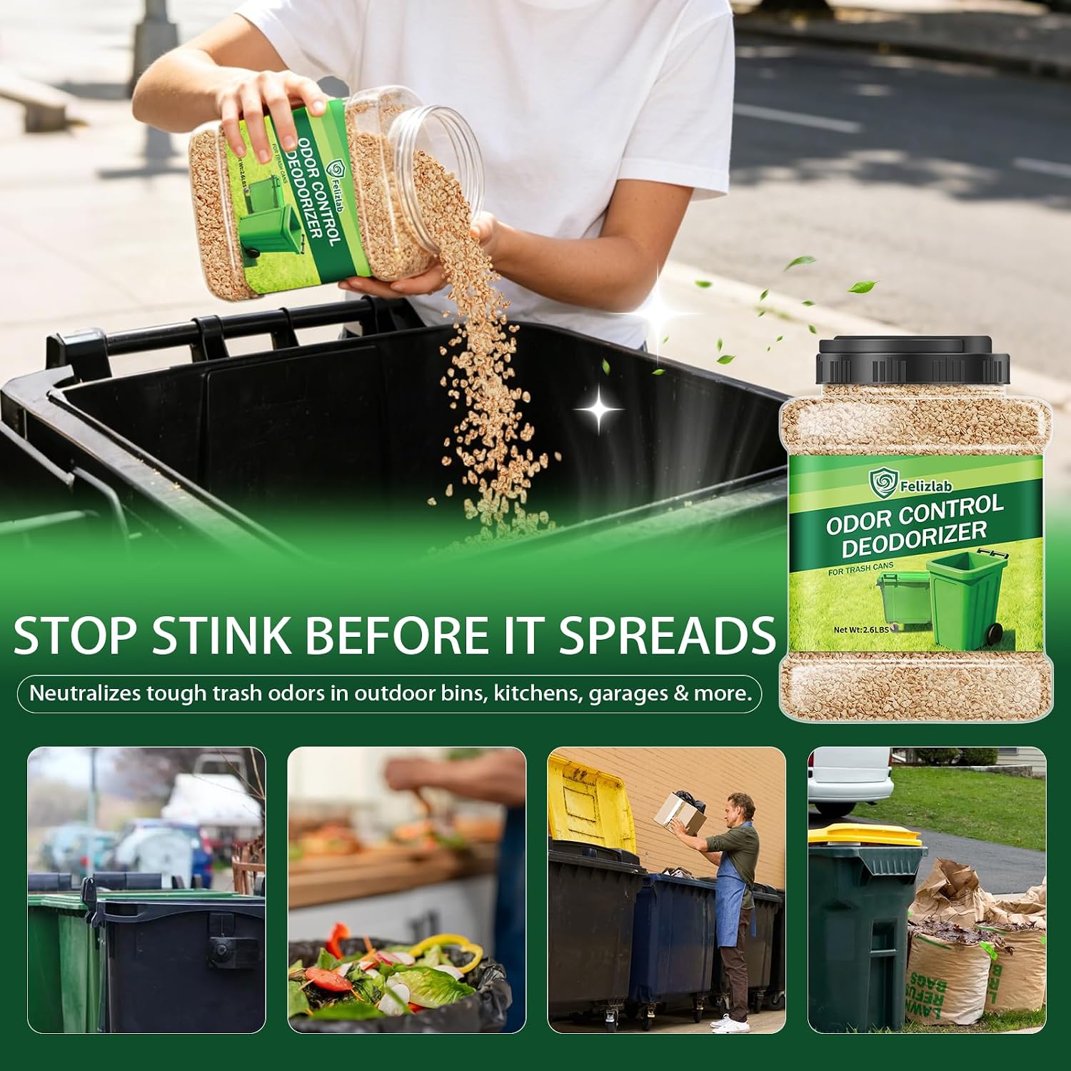Detalle de Outdoor Trash Can Deodorizer, 2.6 lbs Corn-Cob Pellets with Lemon Scent