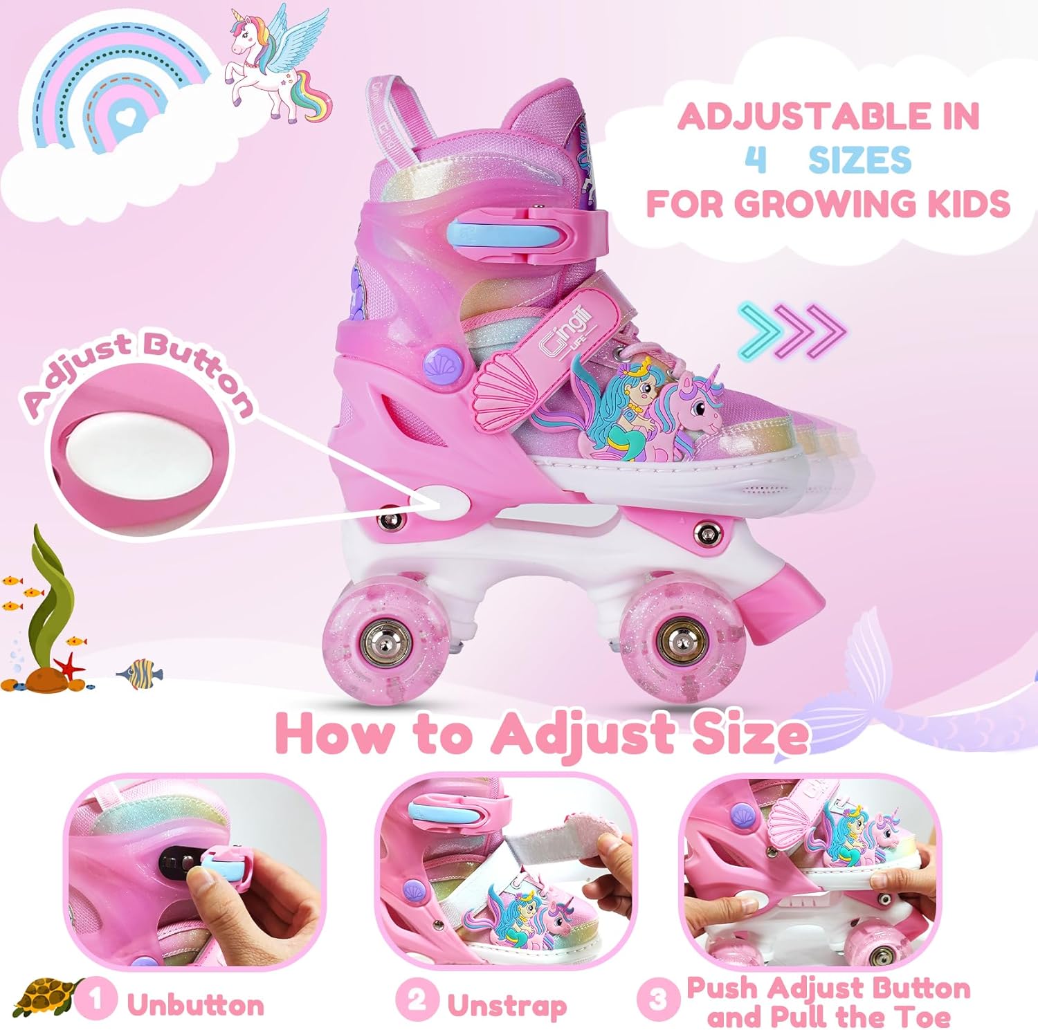 Thumbnail 4 de Girls Roller Skates for Kids Ages 3-12 Adjustable Light-Up Glowing Wheels