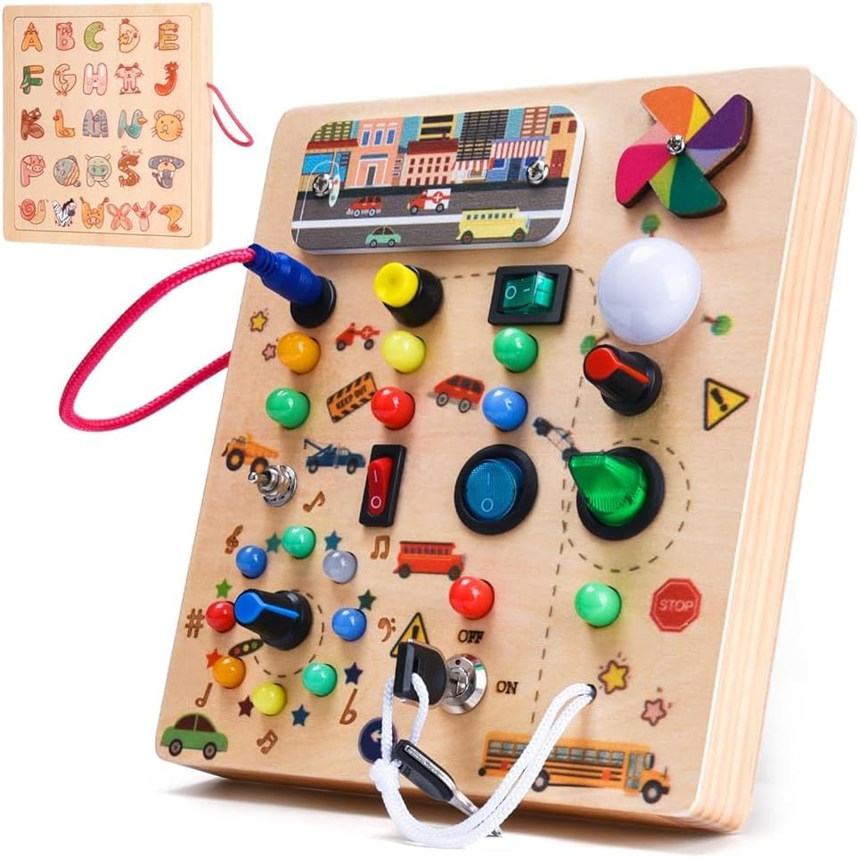 Detalle de Nauotk Busy Board in Legno Montessori con 19 LED e 26 lettere